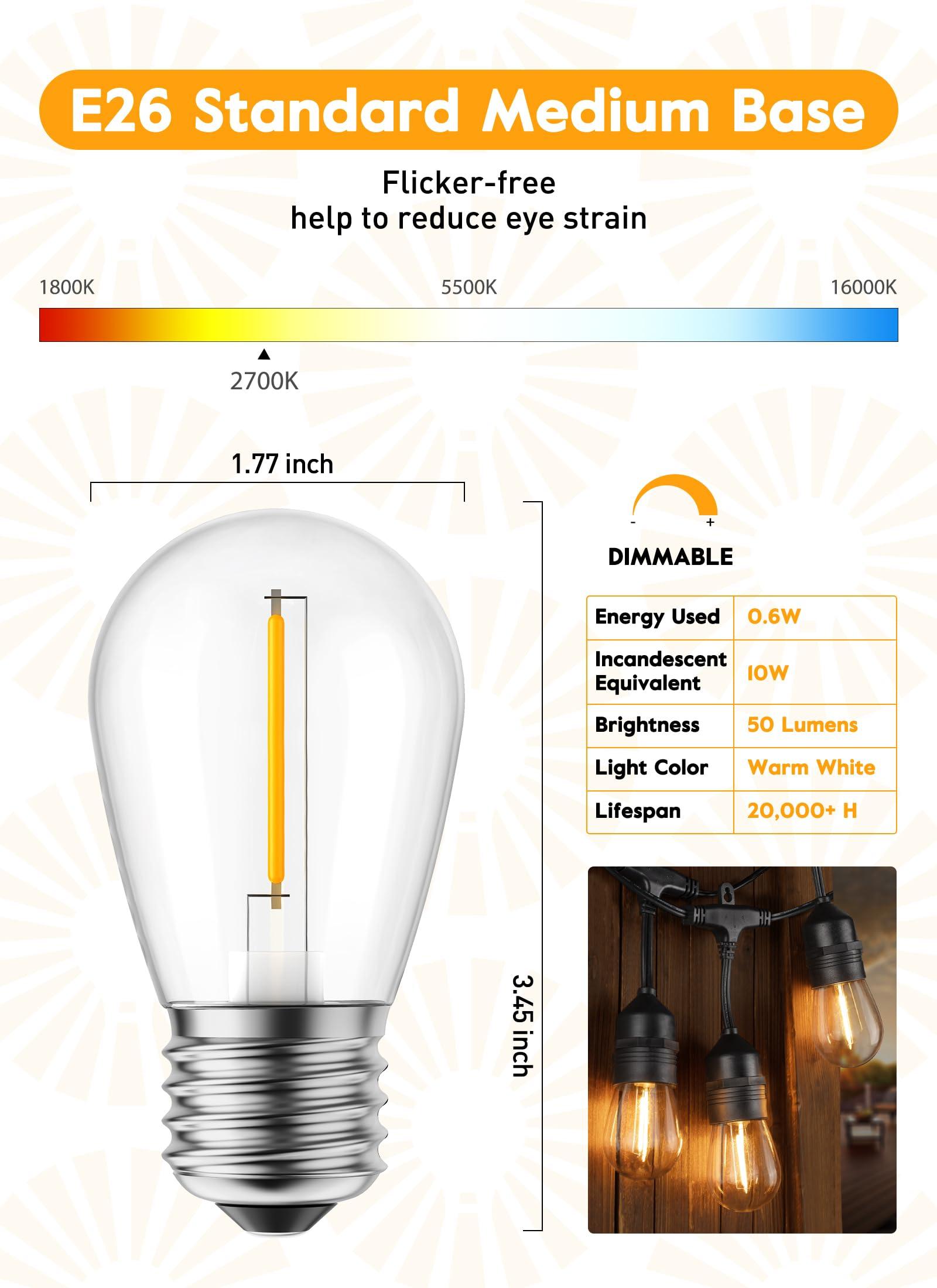 Minetom Minetom LED S14 Replacement Light Bulbs, 15 Pack Shatterproof Light Bulbs Equivalent to 11 W, E26 E27 Regular Medium Screw Base for Outdoor Home Light Fixtures and Decorative, 2700K, Warm White