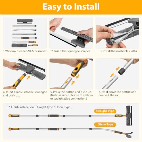 Baban Baban Window Squeegee Cleaner, 2 in 1 Window Cleaning Tool with Elbow and Straight Extension Pole, 62\'\' Telescopic Window Washing Equipment with Bendable Head for Car Glass Indoor Outdoor High Windows