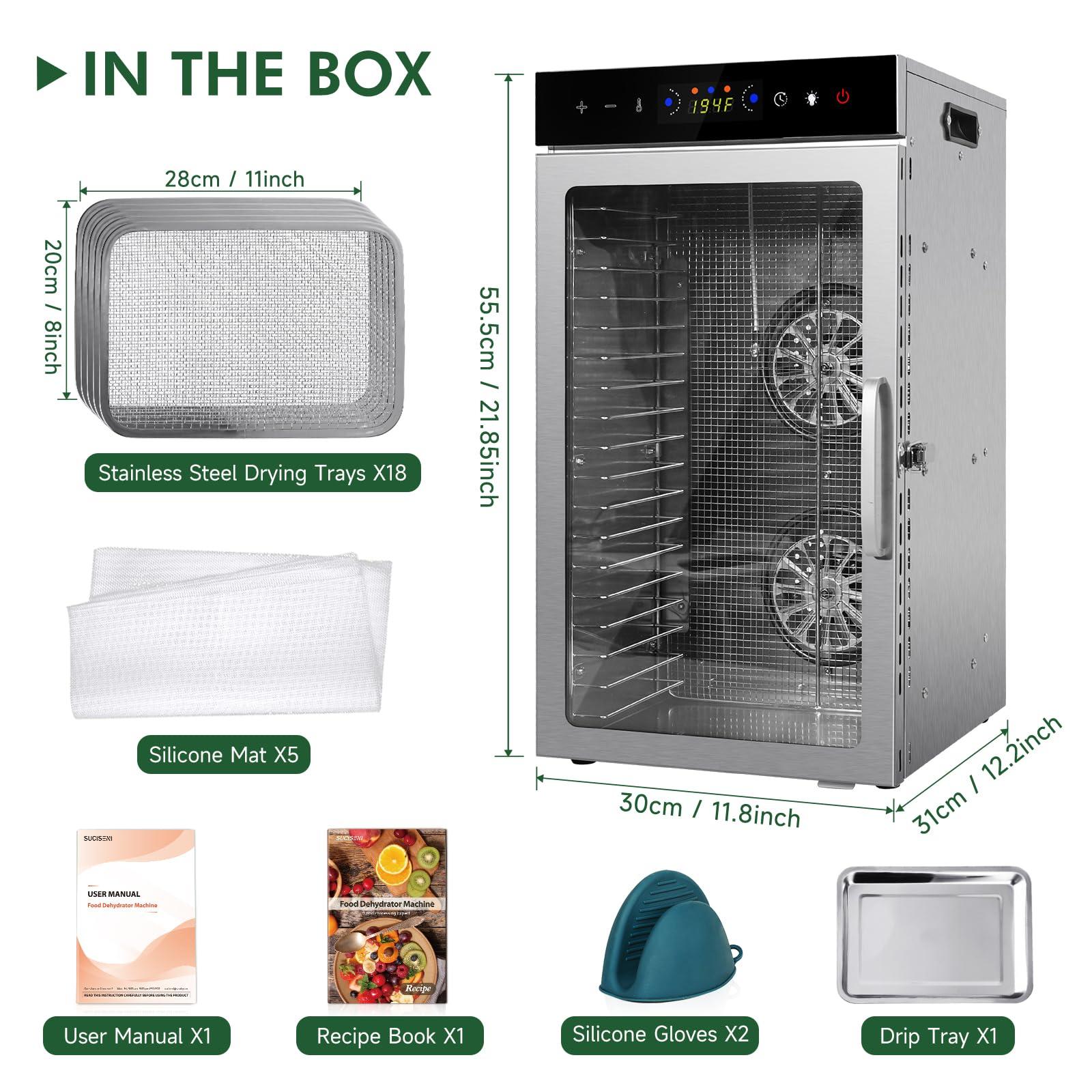 SUCISENI SUCISENI Commercial Food Dehydrator Machine 800W 18 Trays Stainless Steel Food Dehydrated Dryer with 24H Timer Touch-Control LED Display Over Heat Protection for Jerky Herbs Meat Beef Fruit Vegetables