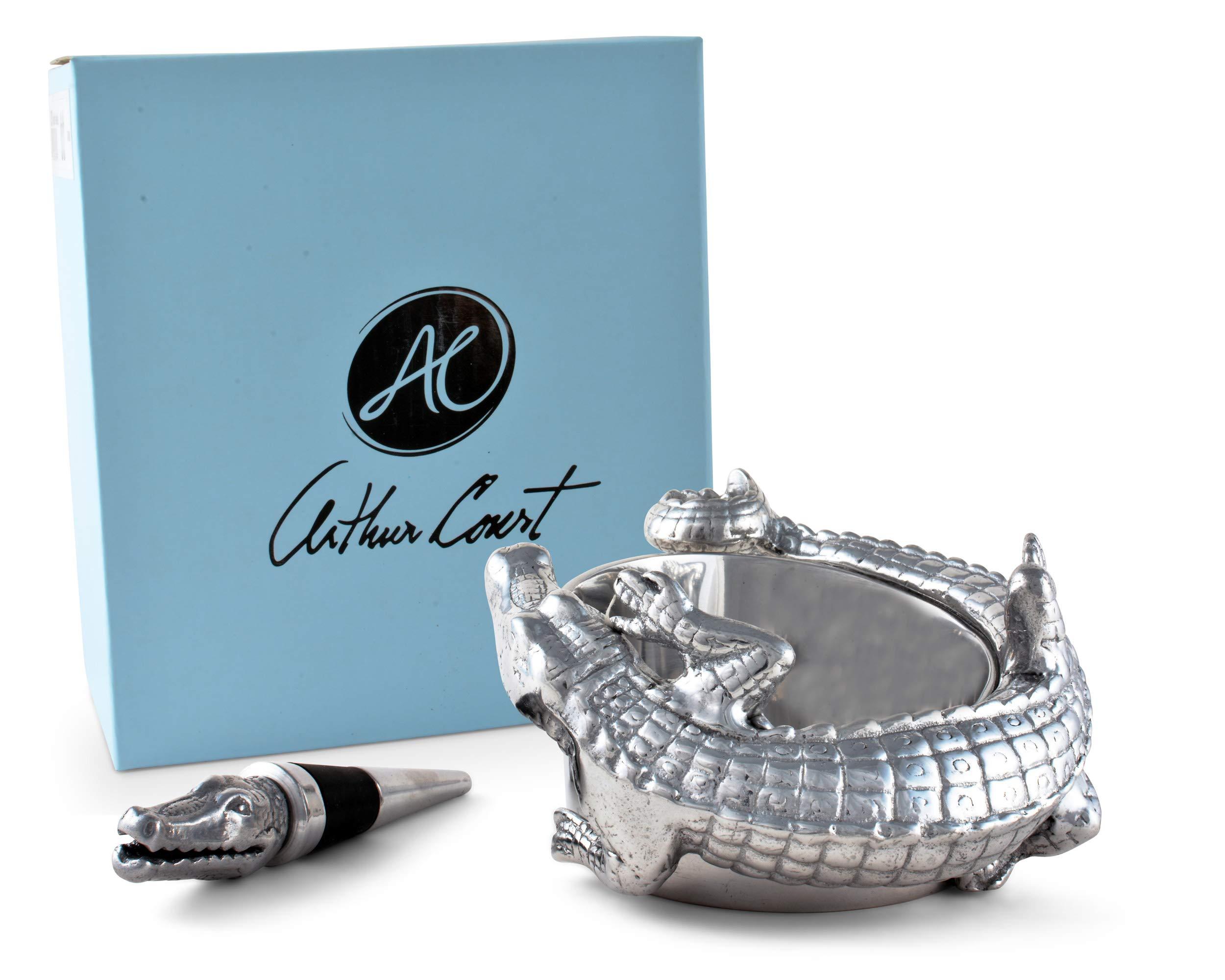 Arthur Court Arthur Court Designs Aluminum Alligator Wine Coaster / Holder and Bottle Stopper Set Gator Florida Décor 4 inch Diameter 3.5 inch Tall