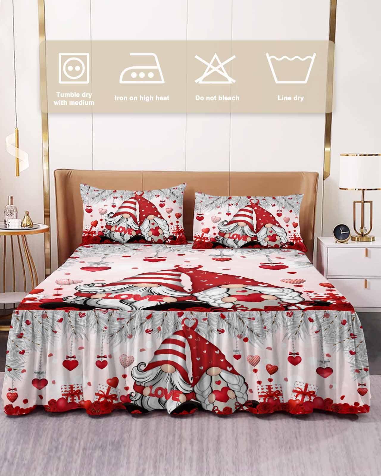Jolunifun Valentine\'s Silver Gnomes Bed Skirt for Queen Size Bed,Wrap Around Bedding Skirt Gathered Dust Ruffle Bedskirt Sets with 2 Packs Matching Pillow Covers 30\"x20\",18 Inch Drop,Romantic Roses Hearts Red