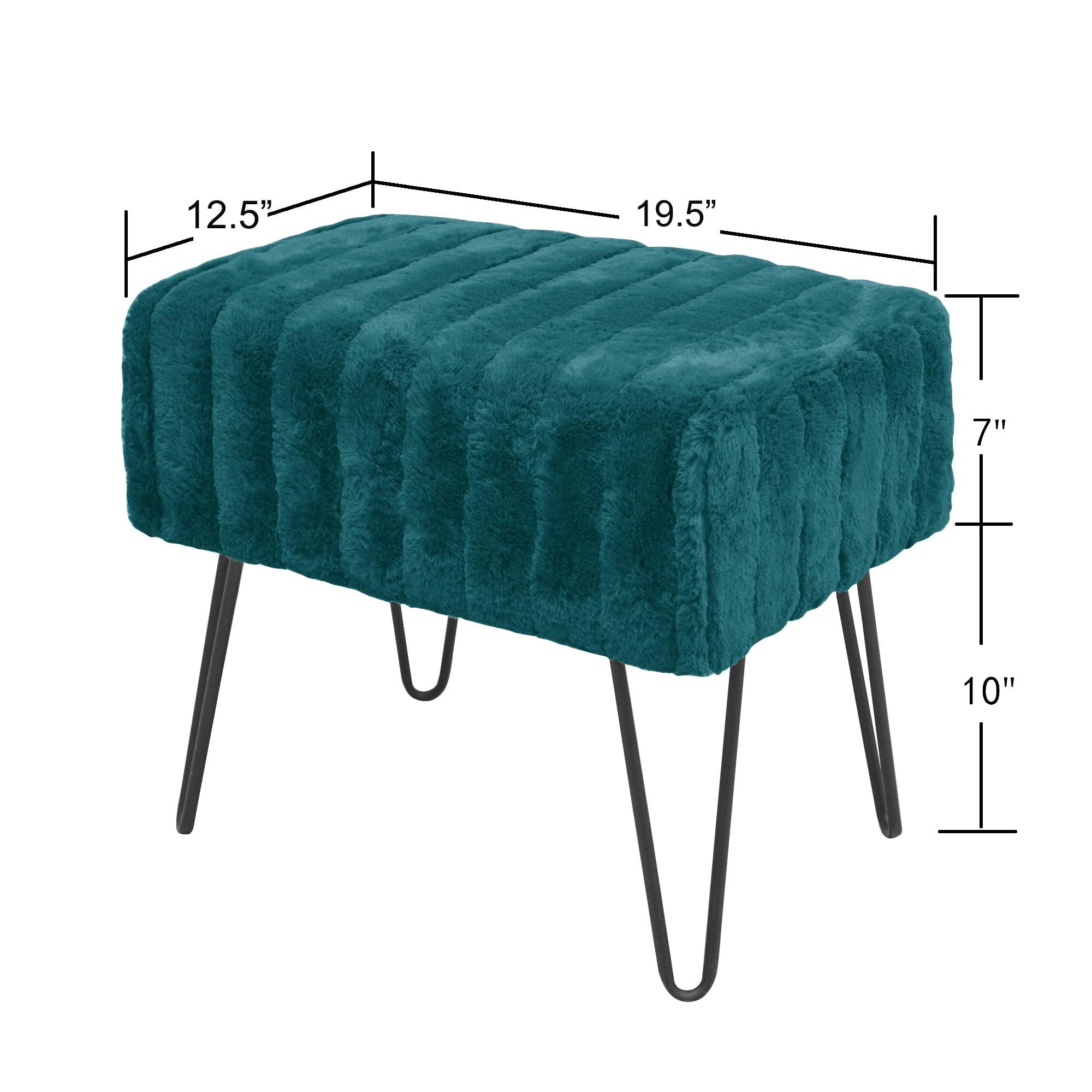 Warmaxx Warmaxx Blue-Green Mink Faux Fur Ottoman Entryway Bench, 19.5\"x12.5\"x17\"H Comfy Furry Makeup Stools with Metal Legs Foot Rest Sturdy Foot Stool Bedroom End of Bed Living Room Couch Vanity Home Dcor
