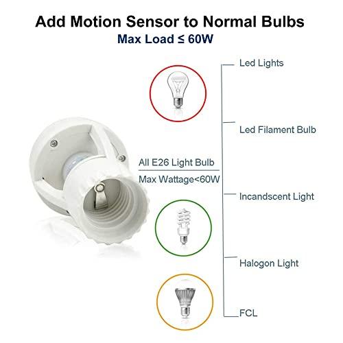 LPHUMEX Motion Sensor Light Socket, PIR Motion E26 Screw Bulb Adapter, Adjustable Auto On/Off Night Light Control, Garage Light, for Basement, Pantry Room, Storage Room, Garage Light