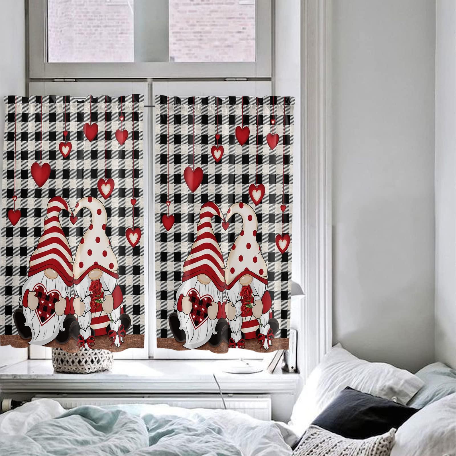 Tersuger Kitchen Tier Curtains 45 inches Length,Valentines Be Mine Love Gnome Red Heart Roses Black White Plaid Curtains for Living Room Bath,Rod Pocket Light Filter Drapes Half Window Treatment Tiers 2 Panels