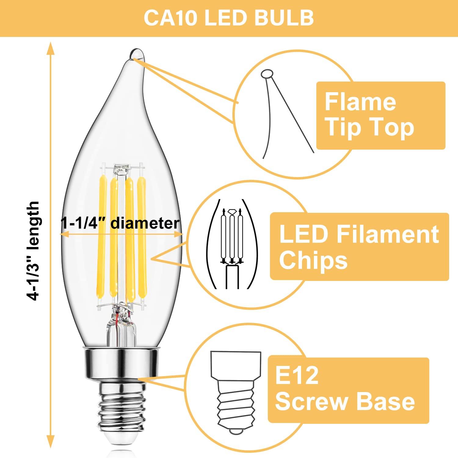 Sigalux Sigalux E12 LED Bulb Candelabra Base 60 watt Chandelier Light Bulbs Dimmable, Flame Tip , 4.5W, 500LM 2700K Soft White, CA10 Candle Light Bulbs, 12 Packs
