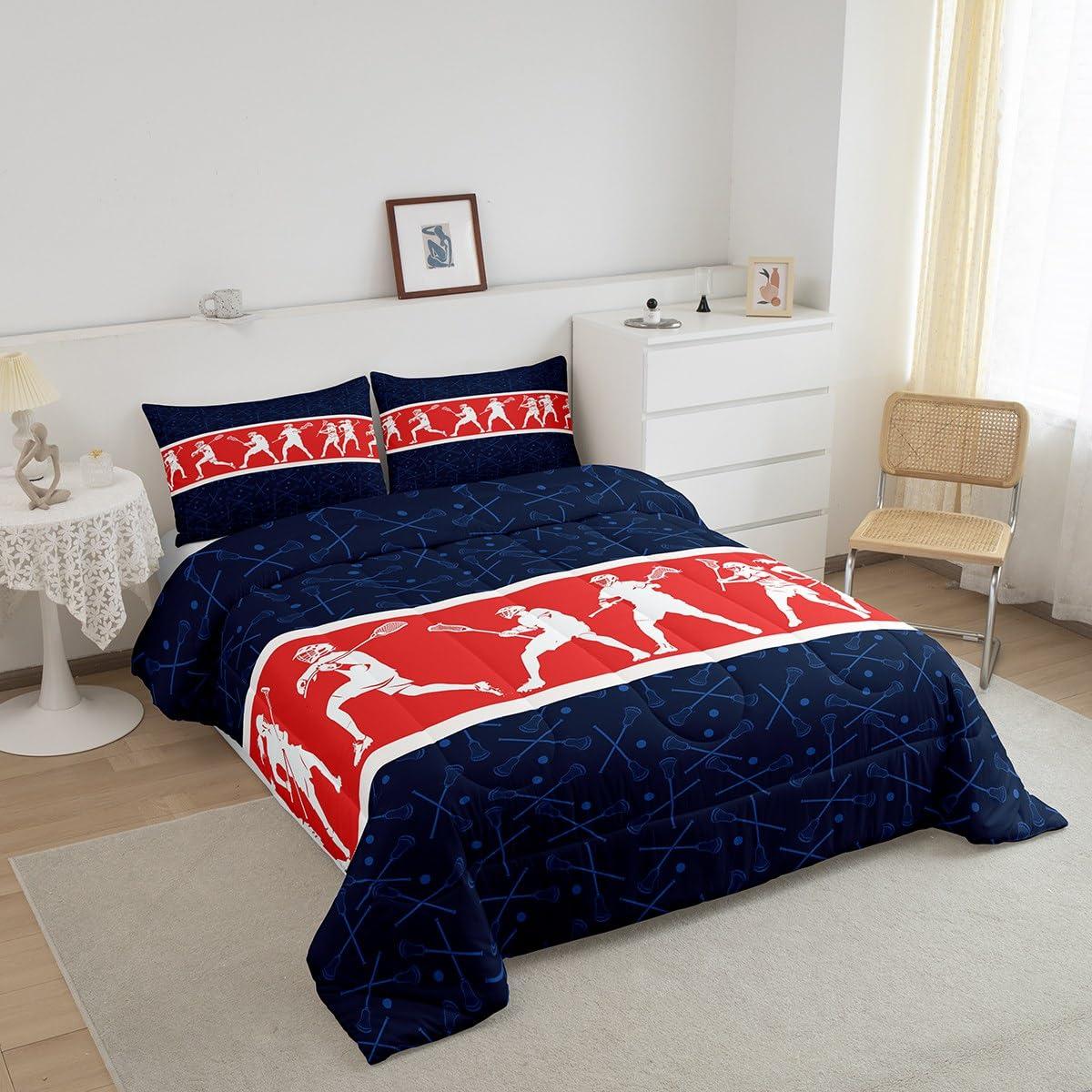 Feelyou Feelyou Lacrosse Comforter Set Twin Size Boys Gilrs Sports Bedding Set for Kids Adults Soft Lacrosse Player Games Comforter Navy Blue Red Duvet Set Room Decor Quilt 2Pcs Boys