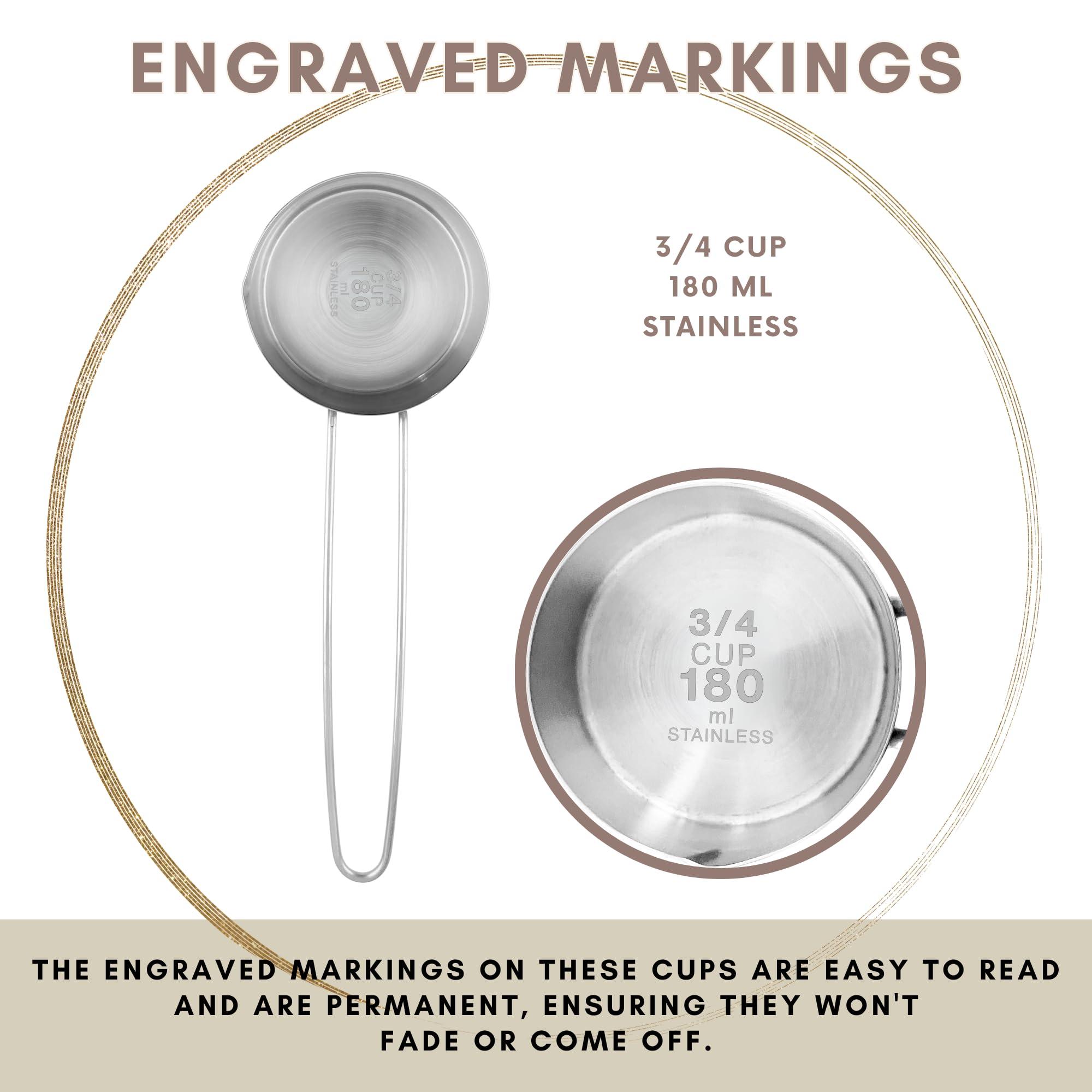 Knupp Co. 3/4 Cup Stainless Steel Measuring Cup, Long 6" Wire Loop Handle and Pour Spout | Sturdy Metal 177 ml | 177 cc | 6 oz | Single Cup for Wet and Dry Ingredients | Great for use as 3/4 Cup Dog Food Scoop