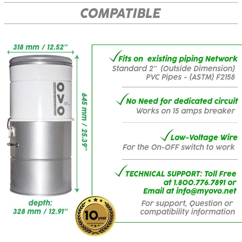 OVO OVO Large and Powerful Central Vacuum System, 630 AWHybrid Filtration (With or Without disposable bags), Covers up to 7500 sq.ft, 6,6 Gal / 25L Bottom load Rolled Steel Canister
