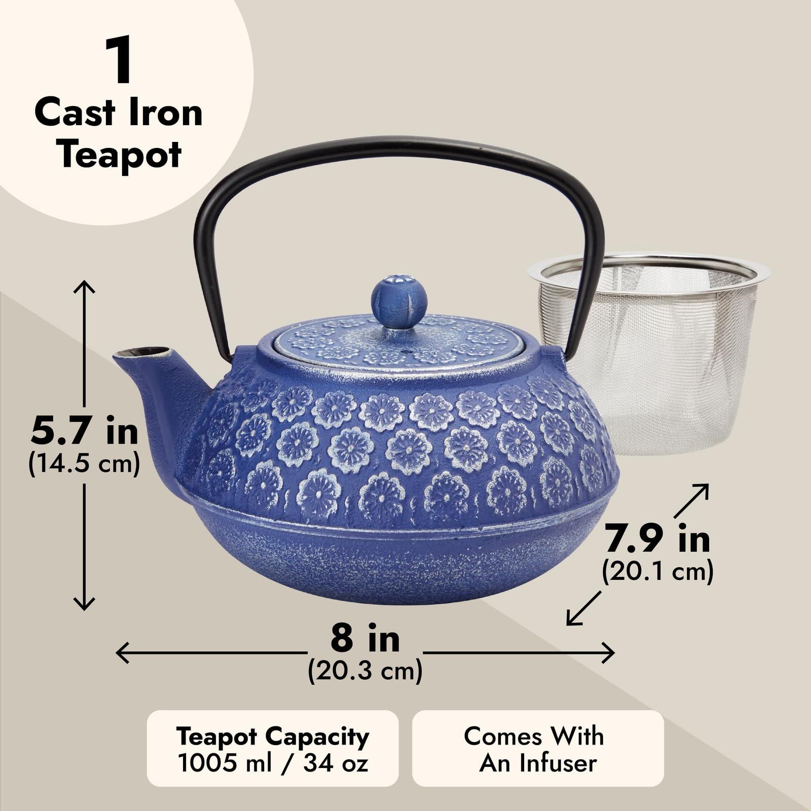 Juvale Juvale Japanese Cast Iron Teapot with Infuser for Loose Leaf and Tea Bags, Kettle Includes Handle and Removable Lid (Blue, 34oz)