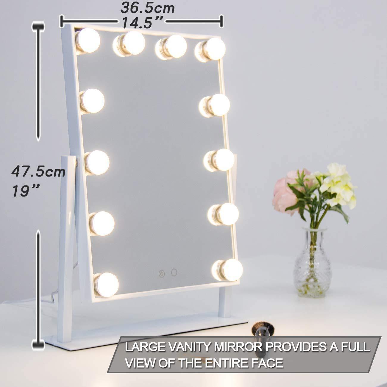 Waneway Waneway Lighted Dresser Mount Vanity Mirror with 12 x 3W Dimmable LED Bulbs and Touch Control Design, Hollywood Style Makeup Cosmetic Mirrors with Lights, White