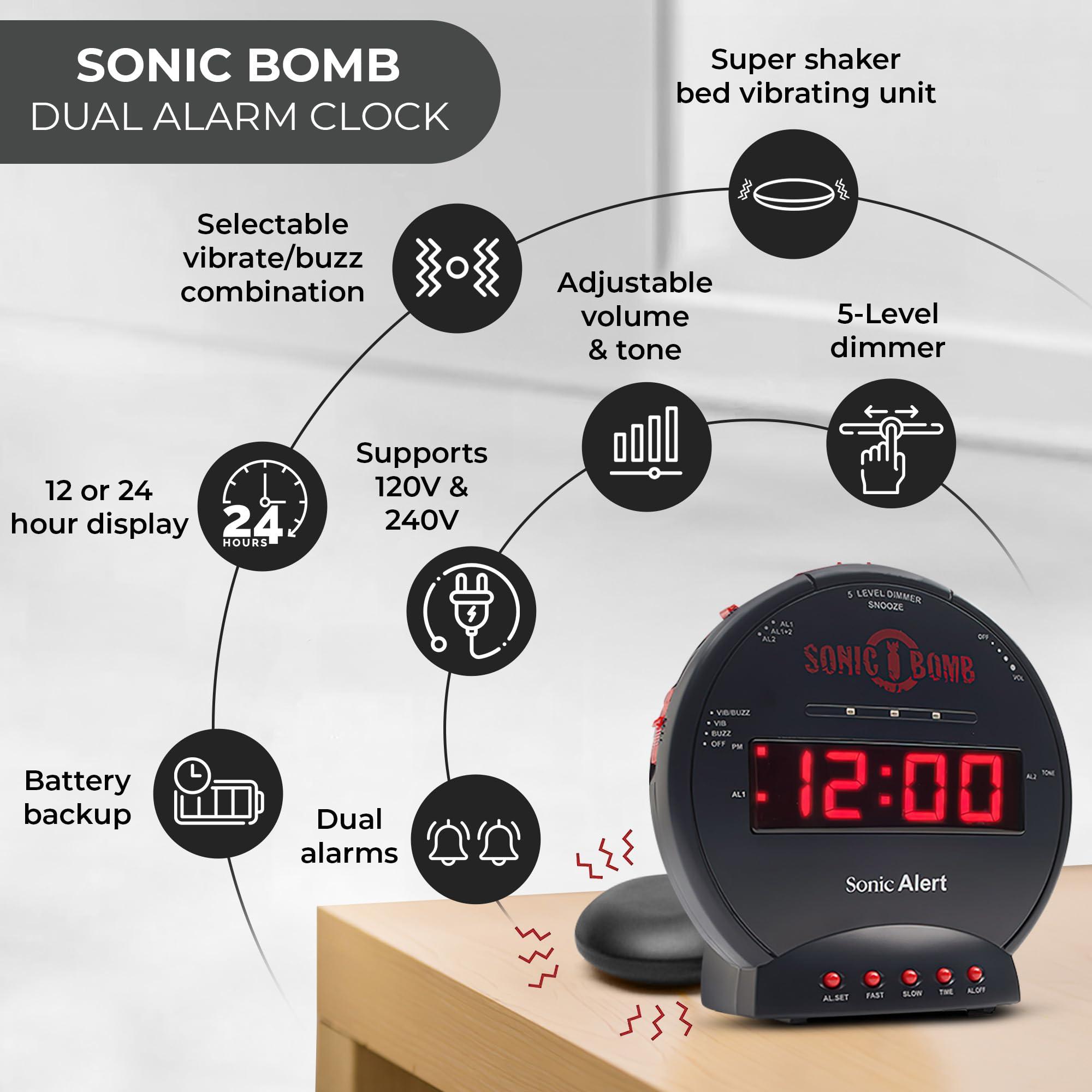 Sonic Alert Sonic Bomb Dual Extra Loud Alarm Clock with Bed Shaker, Black | Sonic Alert Vibrating, Heavy Sleepers, Battery Backup | Wake with a Shake