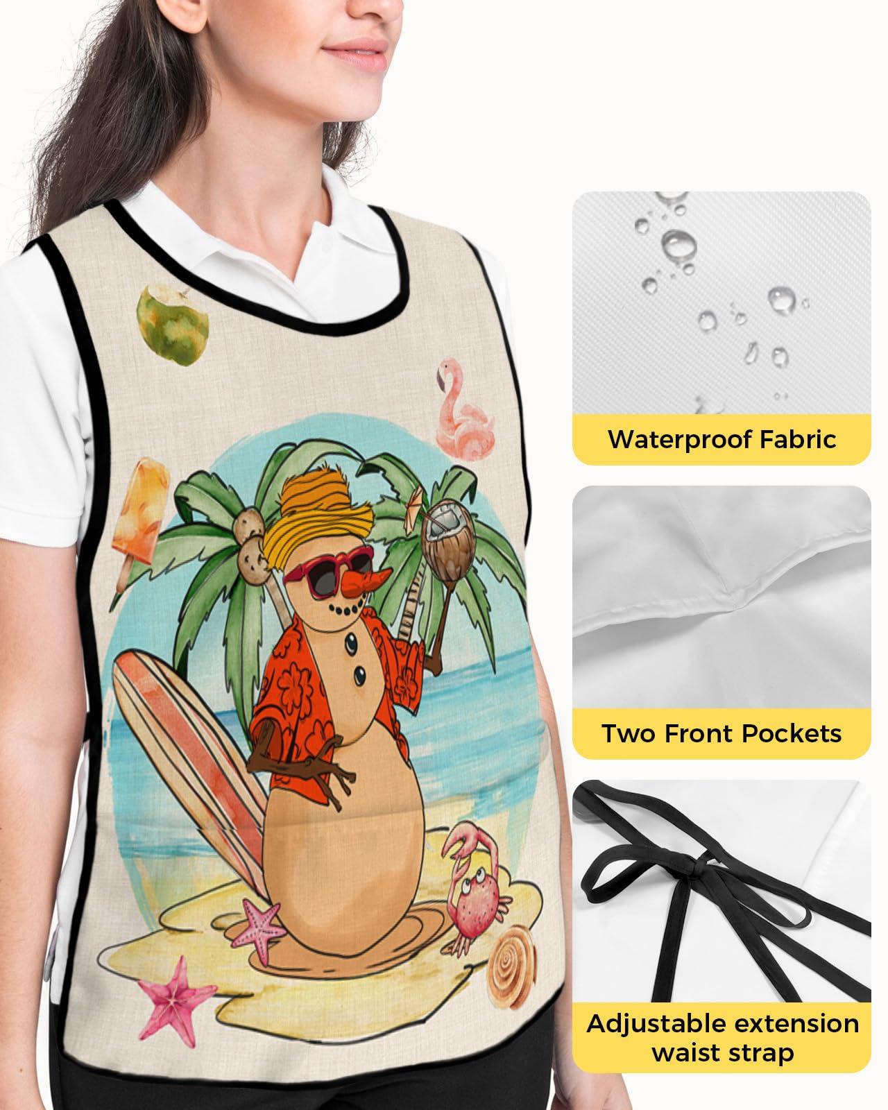 Jolunifun Christma Cobbler Apron with Pockets,Women Men Smock Bib Adjustable Kitchen Chefs Cooking Cleaning Nursing Work Vest Waterproof Clothing Protection,Rustic Summer Beach Snowman Starfish 1 Pack,20\"x31.5\"