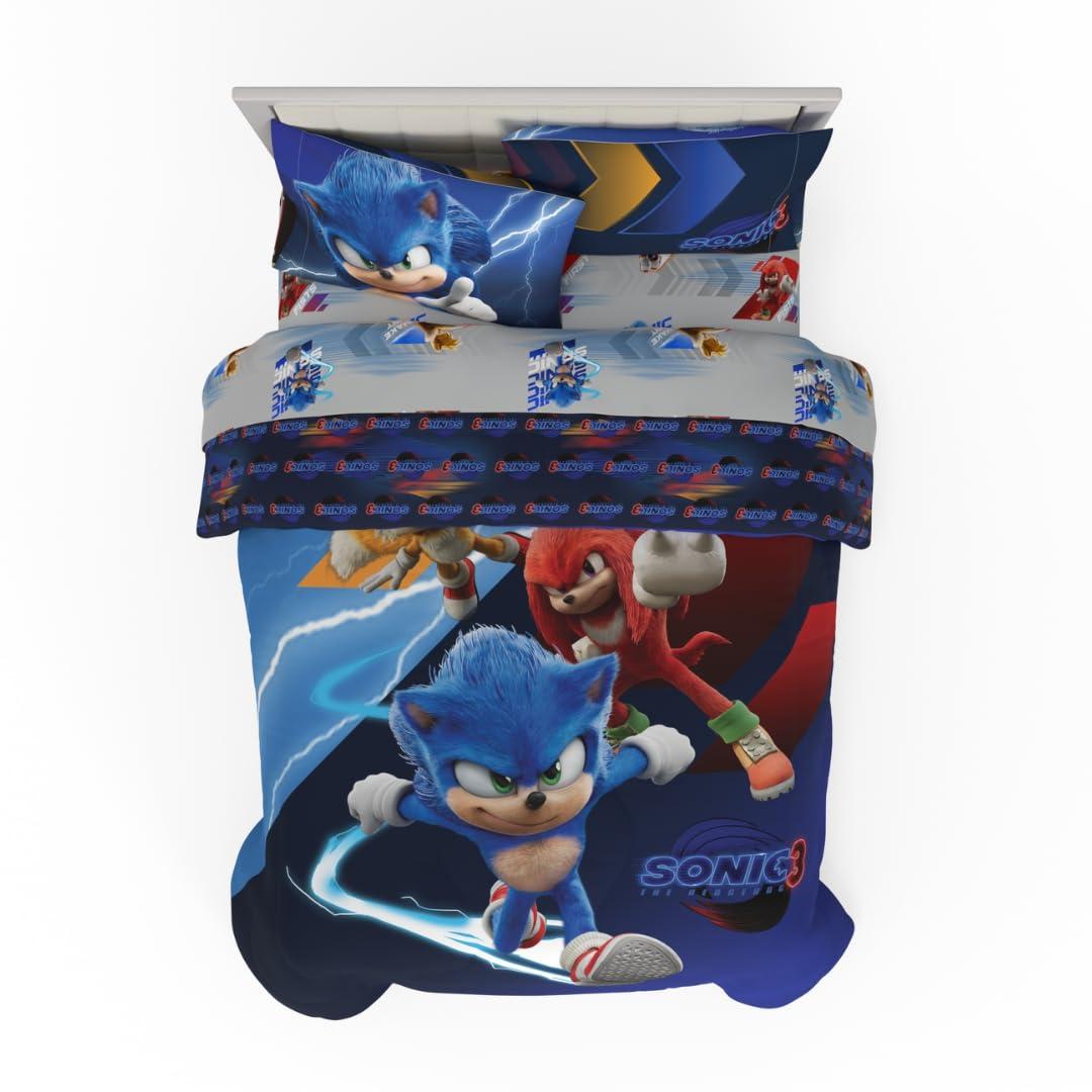 Franco Franco Sonic The Hedgehog 3 Movie Kids Bedding Super Soft Comforter and Sheet Set, 4 Piece Twin Size, (Officially Licensed Product)