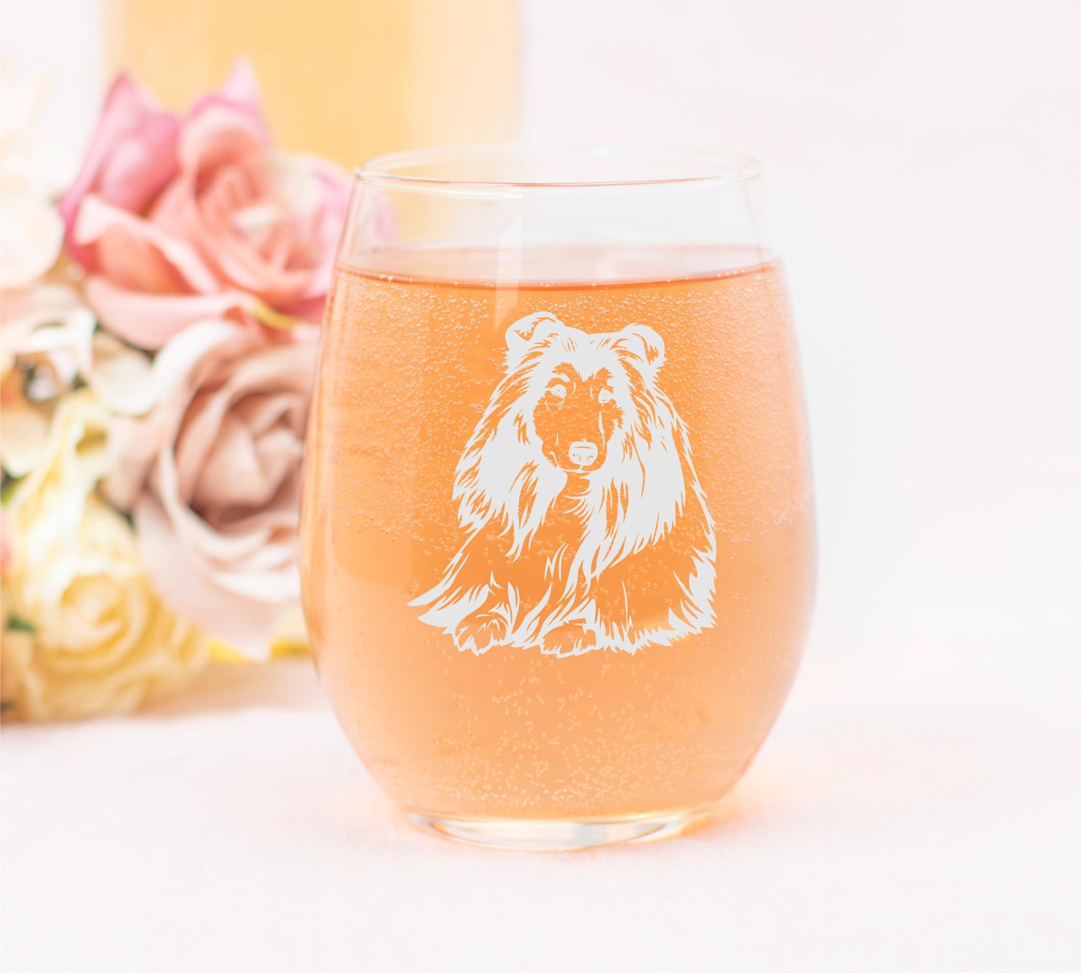 C & M Personal Gifts Shetland Sheepdog themed, dog stemless wine glass, 17 oz.