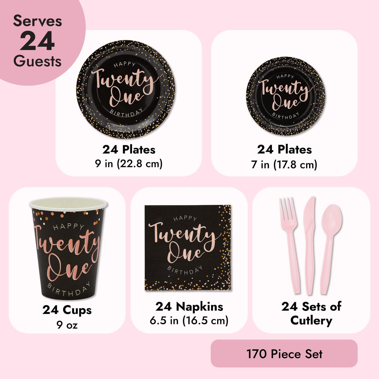 Sparkle and Bash 170 Piece 21st Birthday Party Supplies and Decorations Set for Girls, Includes Plates, Napkins, Tablecloth, Banner, Cups, and Cutlery (24 Guests)