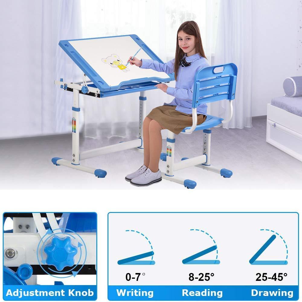 Dkeli Kids Desk and Chair Set Adjustable Height Ergonomic Children's Table with Storage Drawer Kids Study Homework Desk Table for 3-15 Kids (Blue)