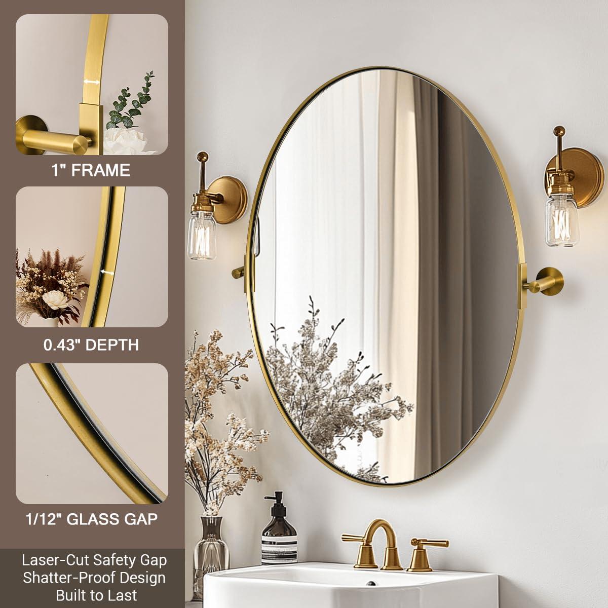 ANDY STAR ANDY STAR Gold Oval Mirror, Oval Pivot Bathroom Mirror, Brushed Gold Oval Pivot Mirror Bathroom Stainless Steel Metal Frame Tilting Vanity Wall Mirror Hangs Vertical