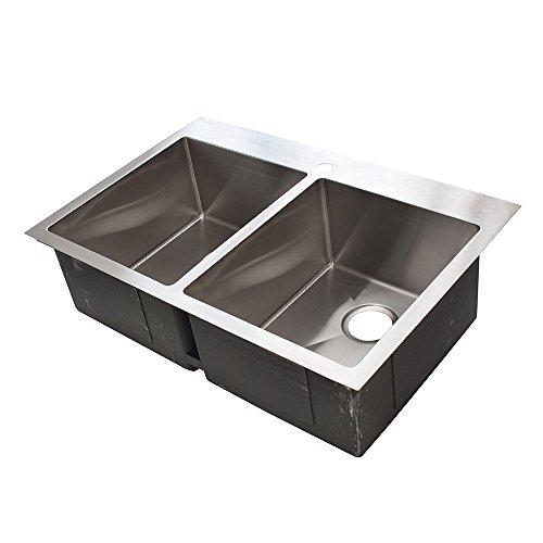 FRANKE Franke HF3322-2 Vector 33" Dual Mount Double Bowl 2-Hole Kitchen Sink, Stainless Steel