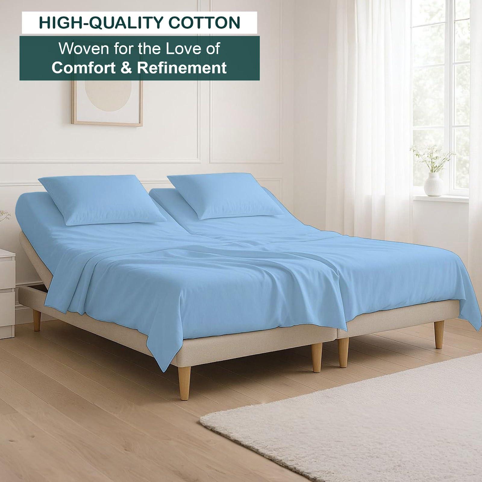 NON Sticky cotton Top Split King Sheets Sets for Adjustable beds, Sheets for Sleep Number Bed Split King deep Pocket, 34\" Split Top King Sheets 400 Thread Count 100% Cotton, Flex Top Sheets, Light Blue Solid