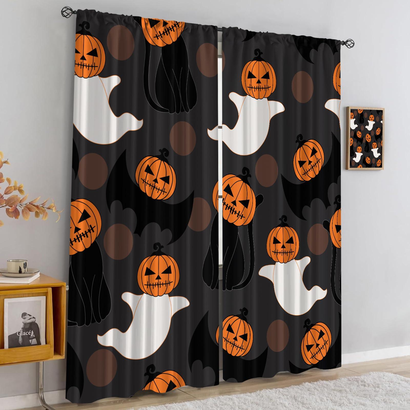 LHAITI Halloween Black White Orange Curtains for Bedroom 54 Inch Length Spooky Ghost Pumpkin Printed Rod Pocket Curtain Panels for Bedroom Blackout Curtains for Children's Room Halloween Party Kitchen