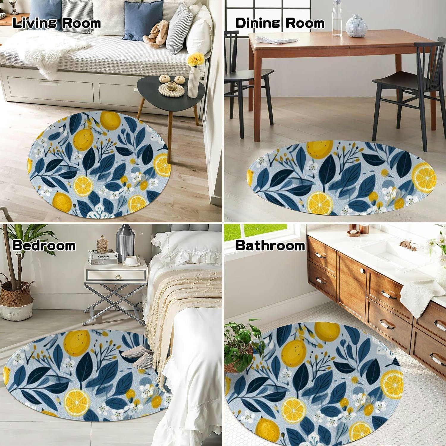 TIAYOUORTY Small Round Rug 3ft Circular Circle Rugs Round Bathroom Entryway Bedroom Kitchen Washable Area Rug Carpet 3 Feet Lemon Drawing White Blue and Yellow Rug