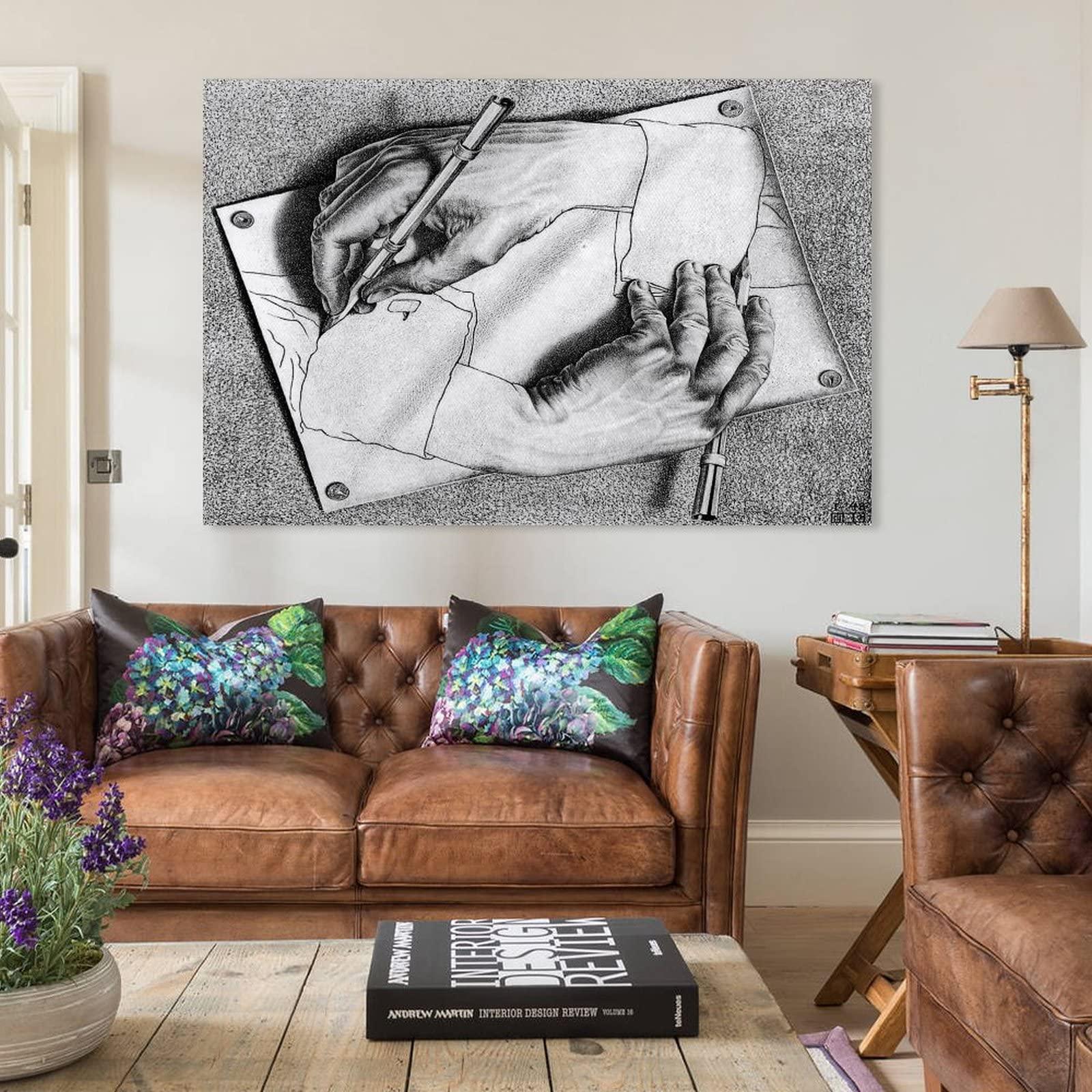 NIZHNAO 18 Famous Prints by M.C. Escher - Drawing Hands by Maurits Cornelis Escher Poster Decorative Painting Canvas Wall Art Living Room Posters Bedroom Painting 20x30inch(50x75cm)