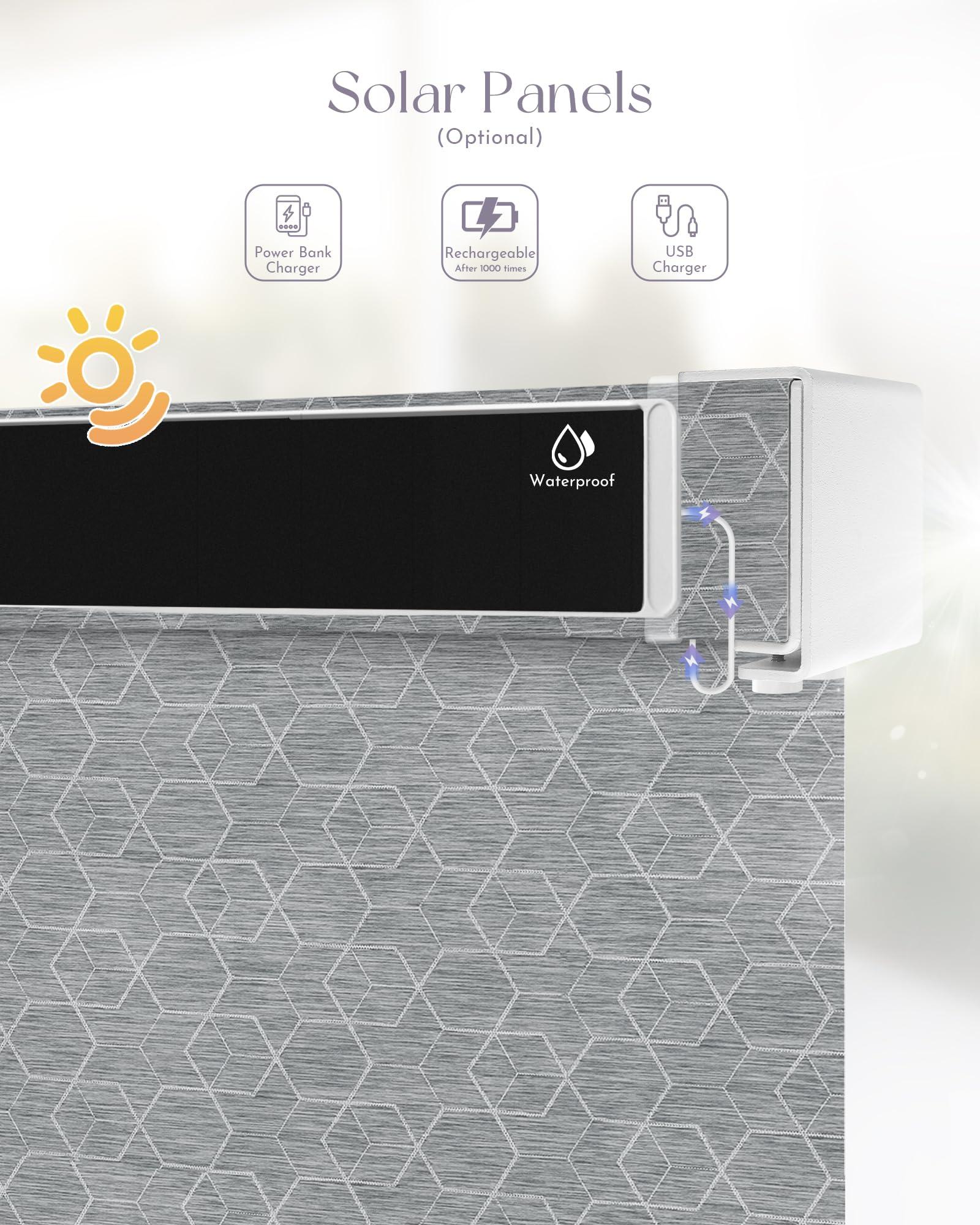 Graywind Graywind Motorized Outdoor Shades for Patio Compatible with Alexa Google Smart Sun Shades Exterior Solar Powered Blinds Electric Roller Shades for Patio Outside, Custom Size (1% Geometry Grey)