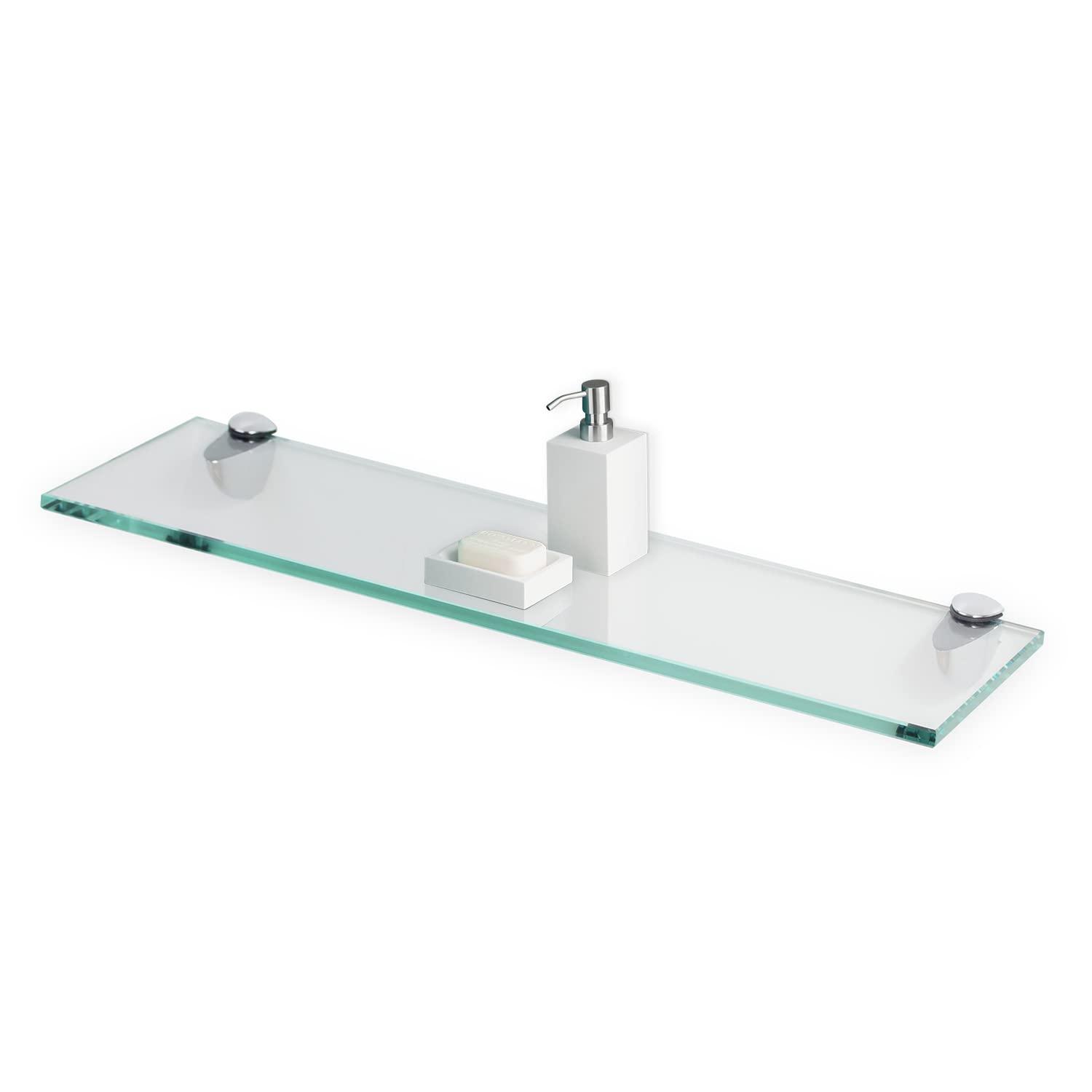 Fab Glass and Mirror Fab Glass and Mirror Rectangle Floating Glass Shelve, 12" X 24" Inches, 3/8 Thick Clear Glass with Flat Polished Edge-?Easy Installation with Screws, and Peacock Chrome Finish Brackets