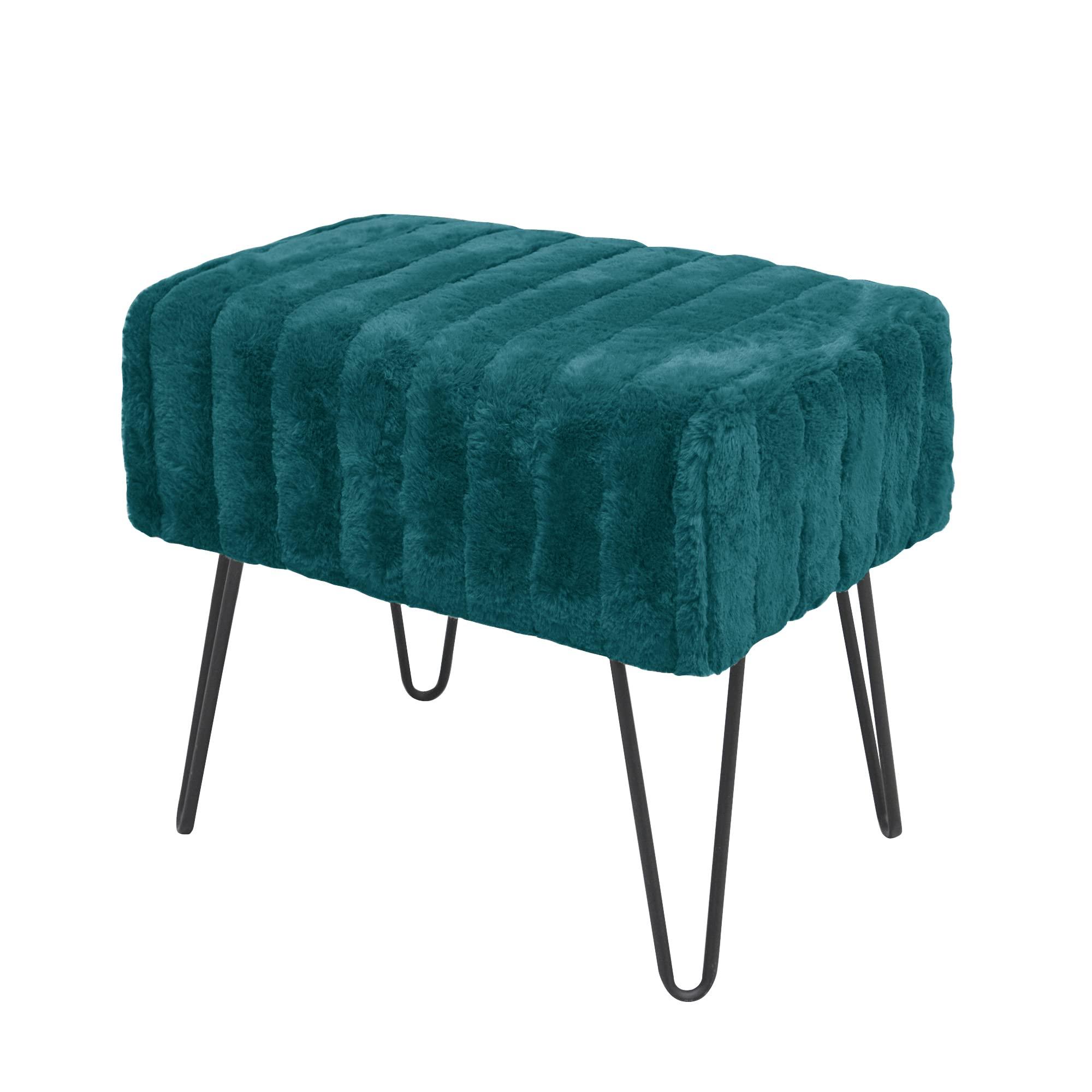 Warmaxx Warmaxx Blue-Green Mink Faux Fur Ottoman Entryway Bench, 19.5\"x12.5\"x17\"H Comfy Furry Makeup Stools with Metal Legs Foot Rest Sturdy Foot Stool Bedroom End of Bed Living Room Couch Vanity Home Dcor