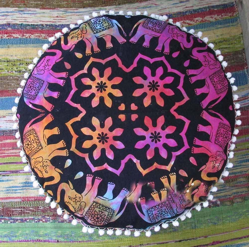 Sophia-Art Indian Mandala Tapestry Decorative Floor Designs Cover Ottoman Pouf Cotton Comfortable Indian Cover Cushion Pouf Pillow Indian Indian Ombre Traditional Ethnic Pouf 14 x 24\'\' (Multi Elephant)