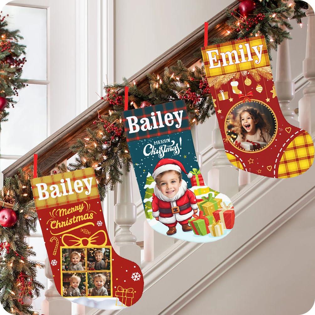 BUDAXCUST Personalized Christmas Stockings Custom Stocking with Name Picture Customized Xmas Stockings Personalized Buffalo Plaid Snowflake Stockings for Family Holiday Christmas Party Decor (Ornaments)