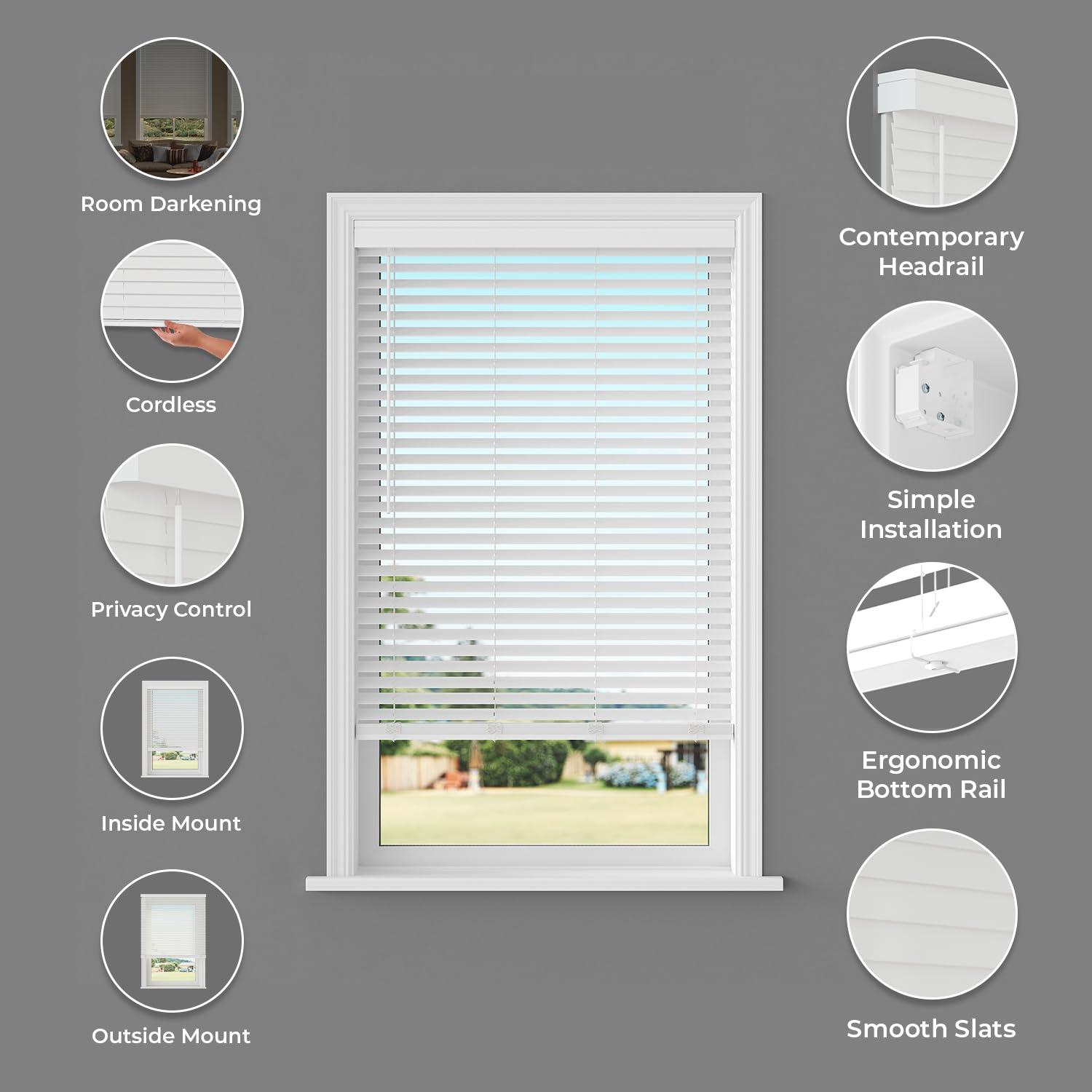 Lumino 2 Inch Cordless Faux Wood Blind with Contemporary Valance - 71.75" W x 48" L - White, Over 900 Custom Sizes Starting at 19.97, Smooth Room Darkening Slats for Interior Windows by Lumino