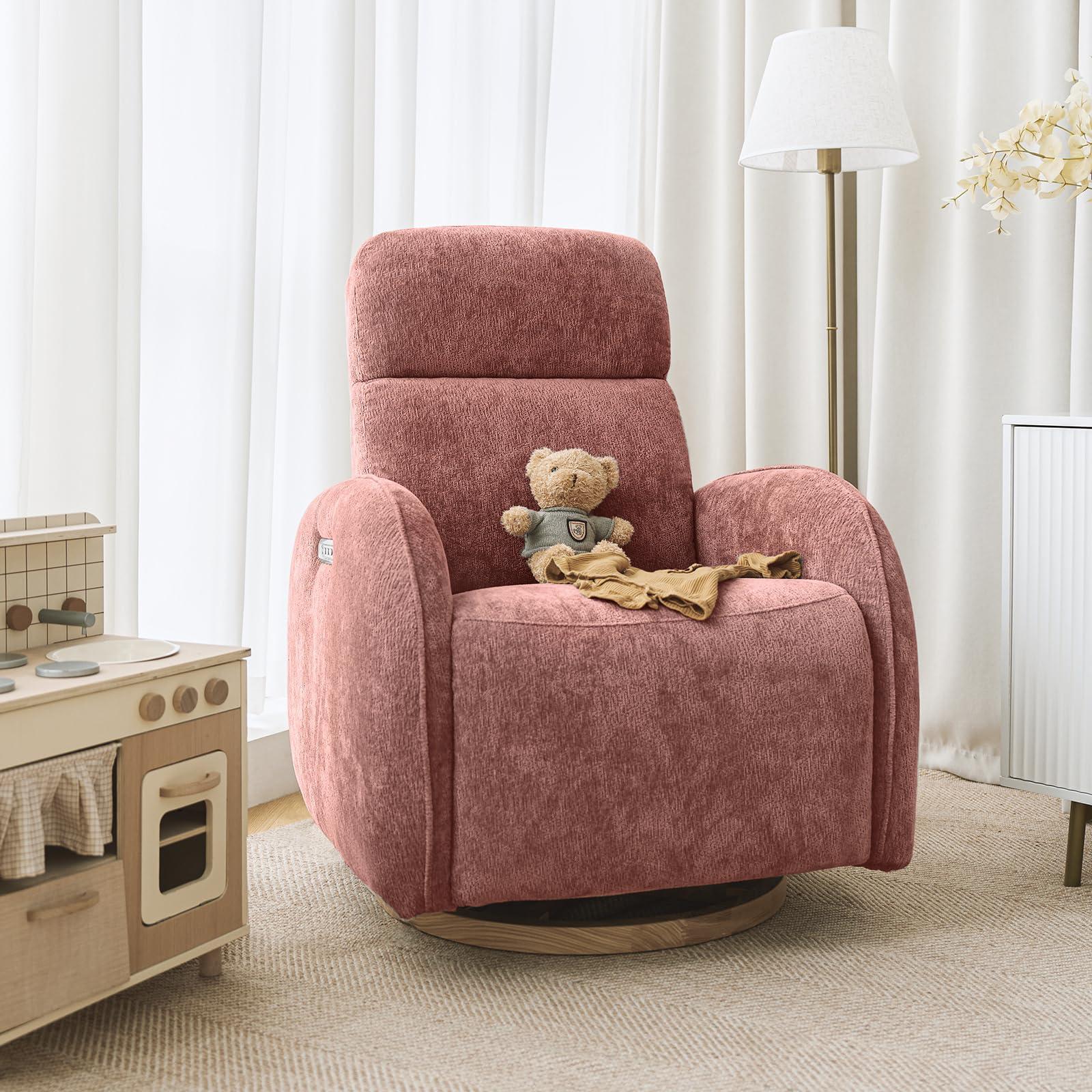 The support you need Premium Power Nursery Glider Recliner Chair with 240-degree Swivel Rocker Recliner and Adjustable Headrests, Modern Electric Recliner with USB Port and Nightlight for Nursing Room Bedroom, Pink