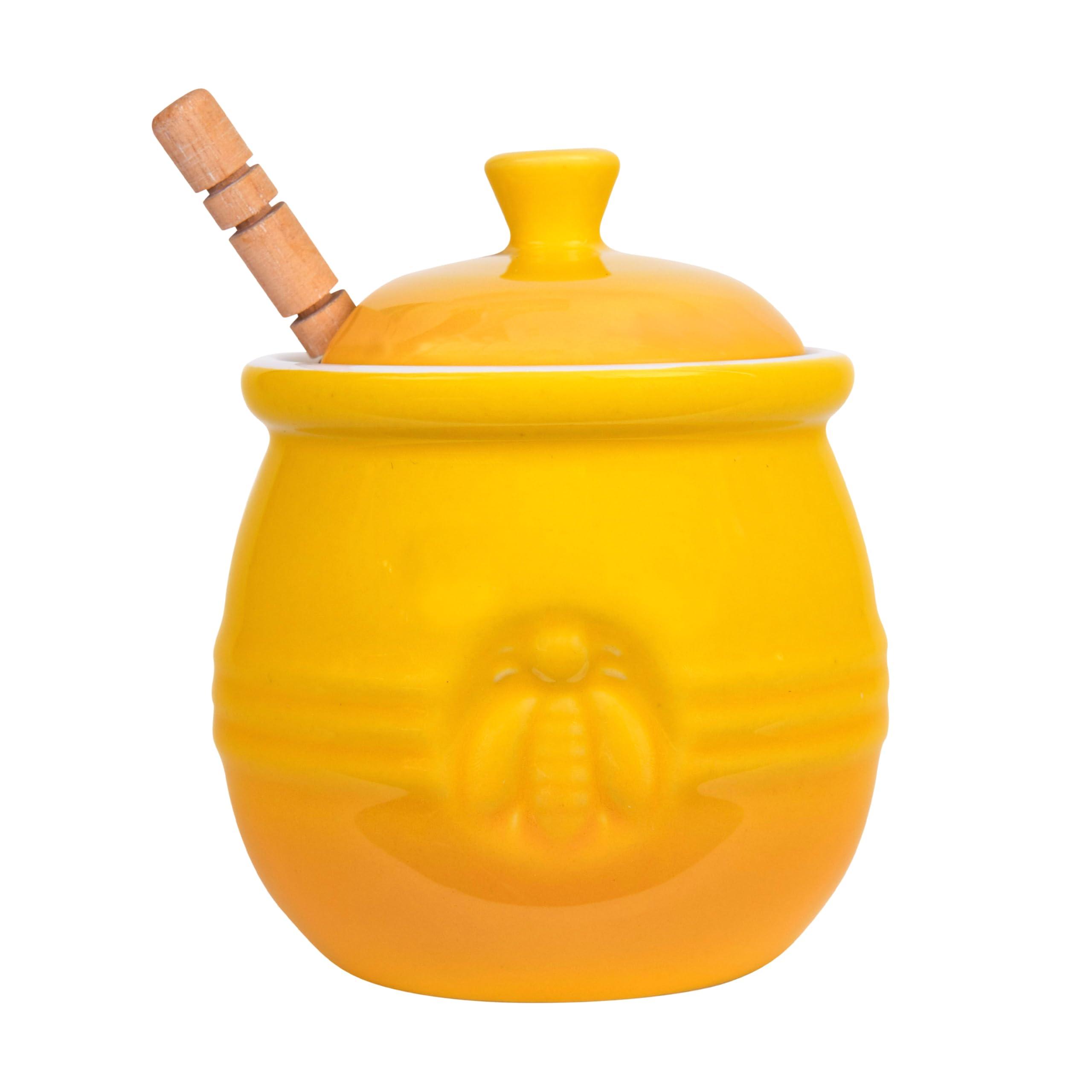Creative Co-Op Creative Co-Op Yellow Stoneware Honey Pot with Lid & Wood Honey Dipper