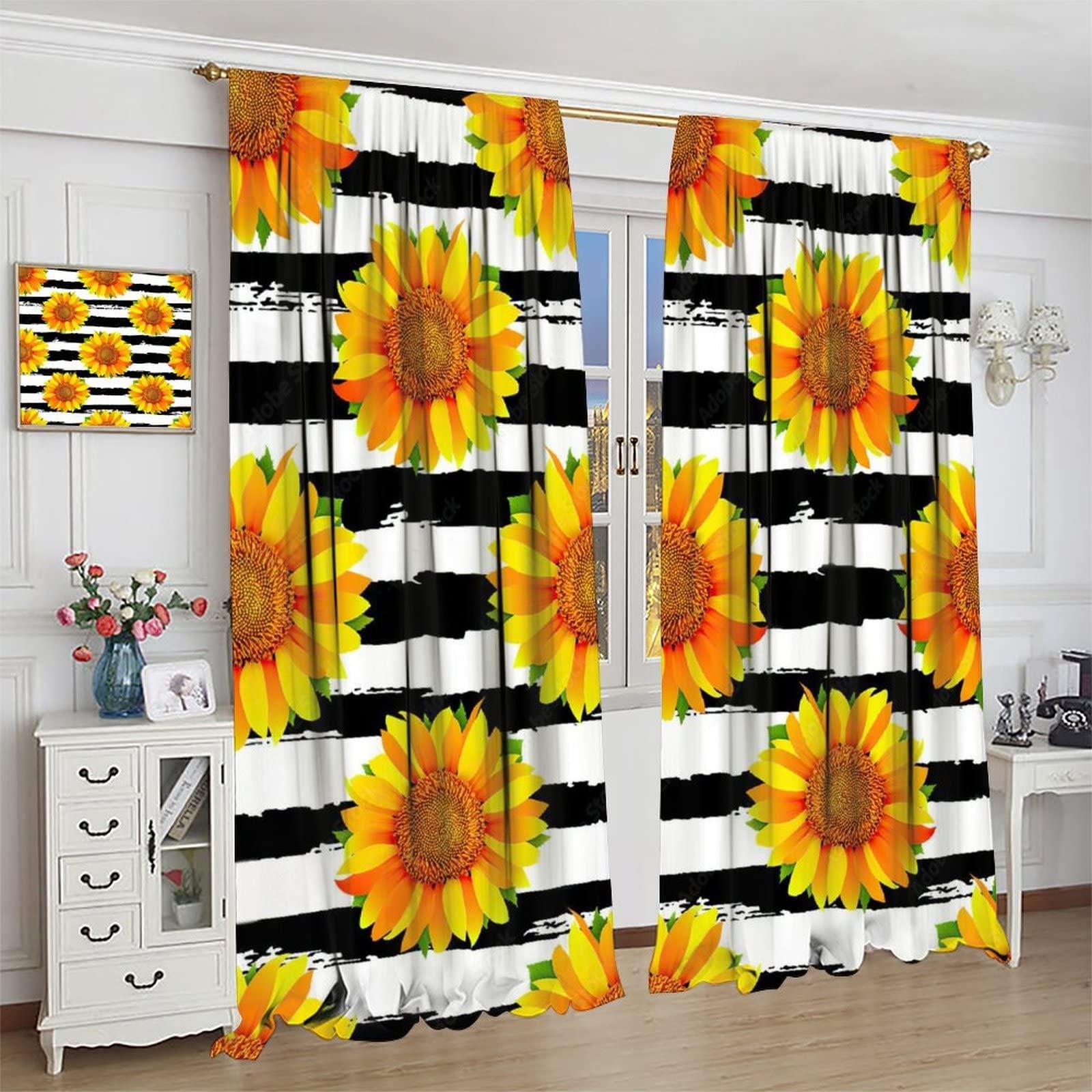 gaoyaqing Sunflower Black and White Striped Curtains, Sunflower Art Curtains on Black Edge Stripes, Sunflower Room Bedroom Blackout Insulation Curtains 2 Panels 42x54in