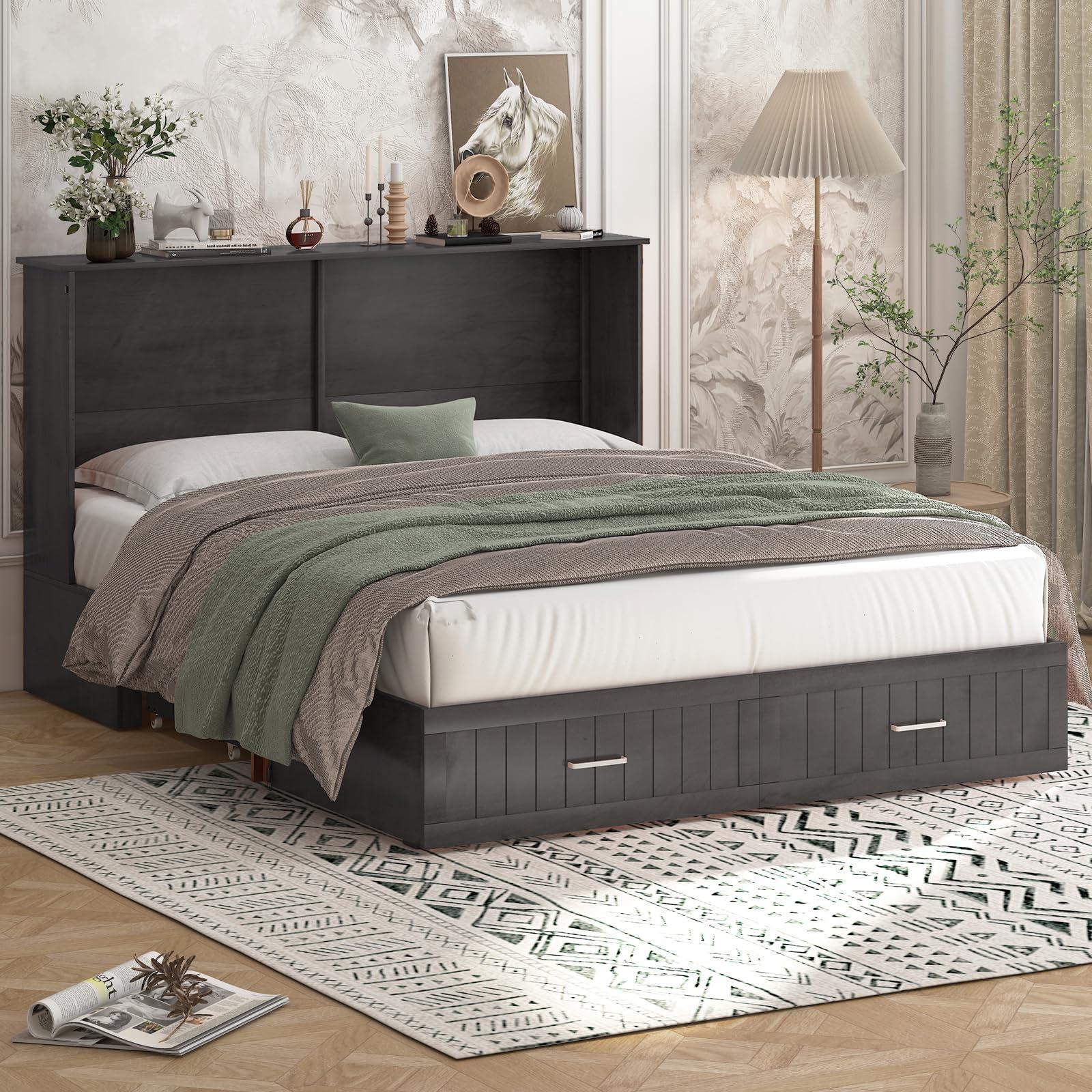 BALUS BALUS 64\" W Murphy Bed Cabinet with Mattress,Murphy Bed Queen,Modern Muti-Functional Cube Cabinet Bed 2 Large Drawers&3 Level Folding Foam Mattress for Living Room/Apartment/Loft (Stone Grey)