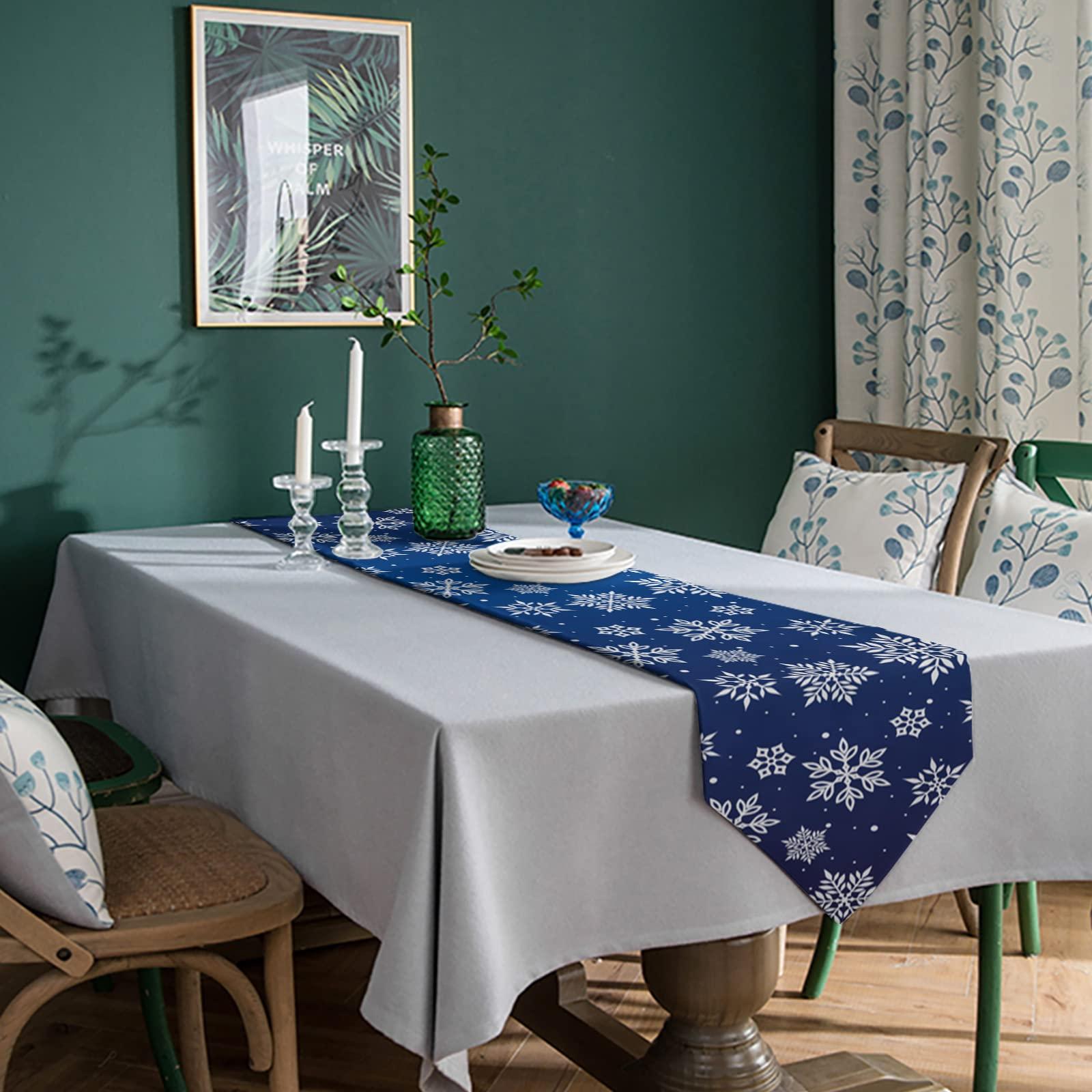 ZFUNCING Linen Table Runner-90Inch Long Christmas White Snowflake on Blue Washable Burlap Table Runners Winter Snowy Dining Dresser Scarfs for Kitchen Wedding Holiday Party Tables Decor