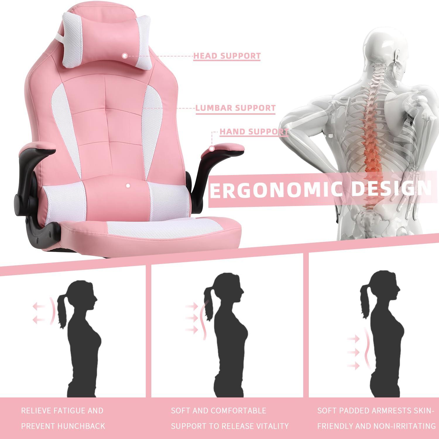 MKDLUFEI Pink Gaming Chair, Gaming Chairs for Adults, Game Chair with Flip Up Arms, Small Gaming Chair with Lumbar Support and Headrest, Comfortable Desk Chair for Adults Teens Kids Men Women, Max 250 LBS