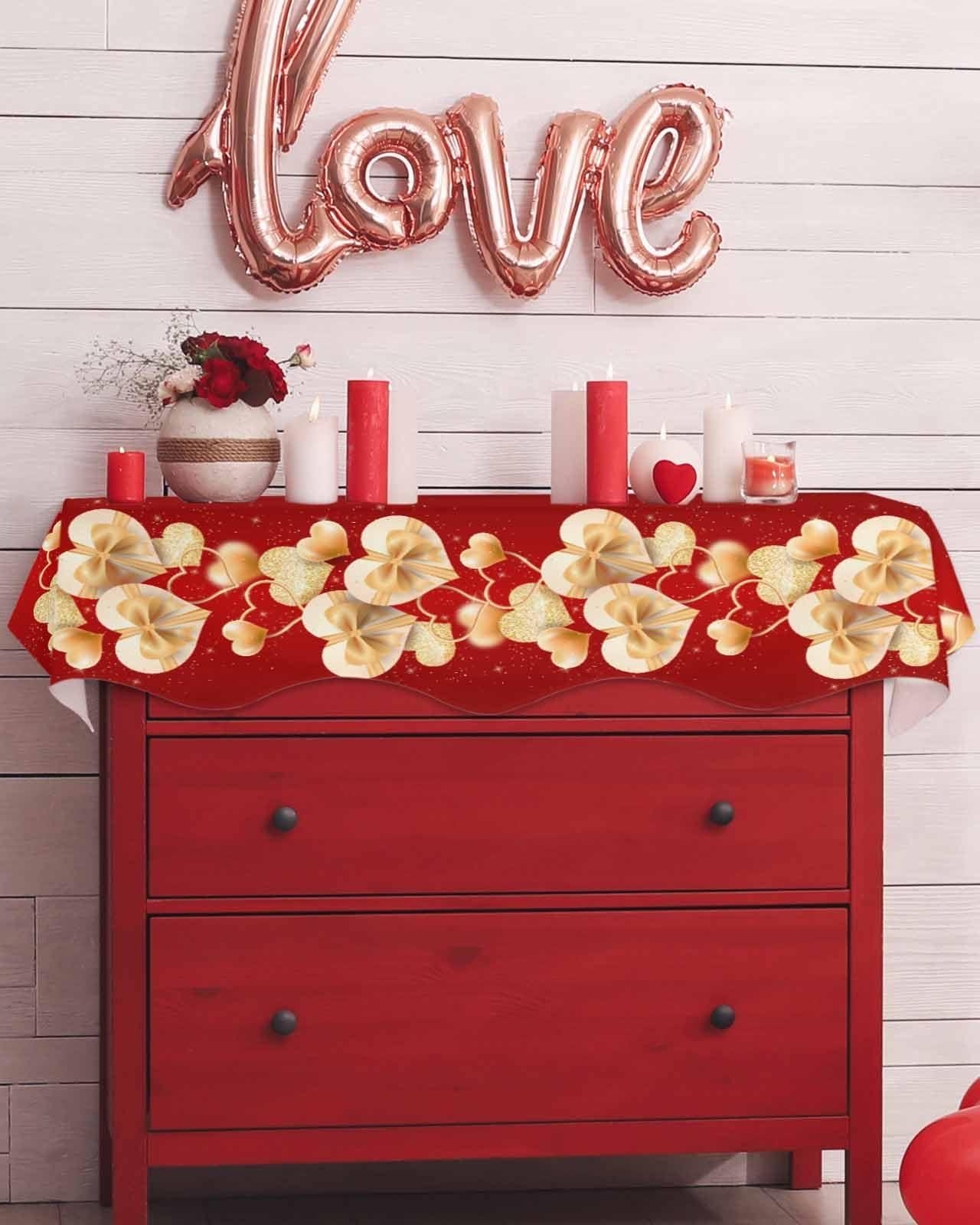 ALAGEO Mantel Scarf Gold Red Valentines Day Fireplace Mantel Scarf Cover Love Heart Bow Tie Fireplace Cloth Table Runner Decoration for Home Living Room Valentine\'s Day, Wedding, Anniversary 60 x 17 in