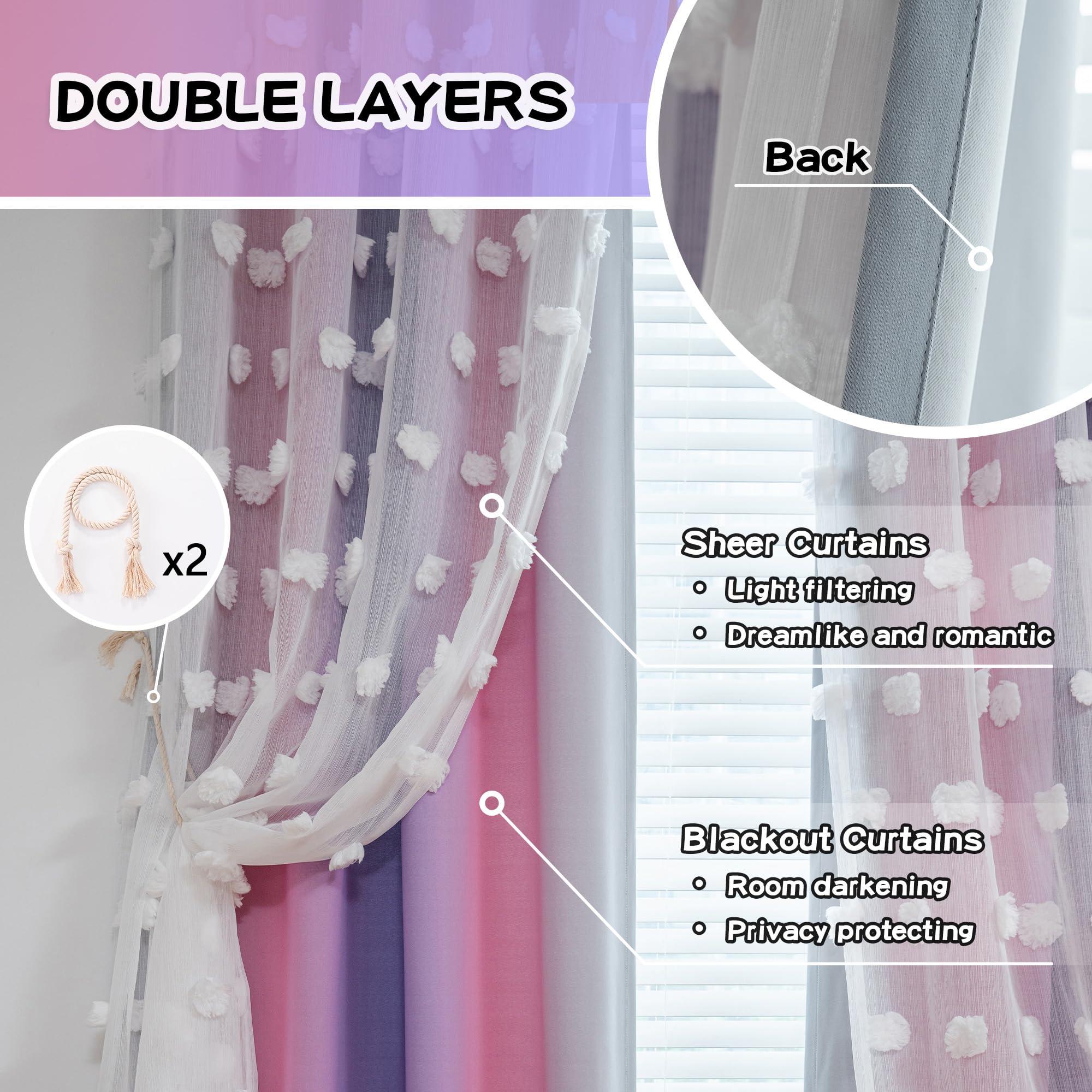 MYSKY HOME MYSKY HOME Pom Pom Curtains Blackout and Sheer Curtains for Girls Bedroom Ombre Nursery Curtains 84 Inch Long Room Darkening Princess Double Layer Curtains with Grommet Top Pink Purple 52 x 84 in