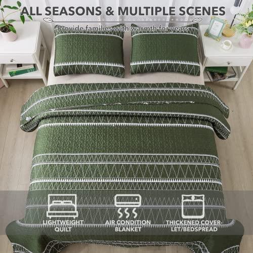 Andency Andency Green Quilt Set Oversized King (114x120 Inch), 3 Pieces(1 Striped Triangle Printed Quilt and 2 Pillowcases), Bohemian Summer Lightweight Reversible Microfiber Bedspread Coverlet