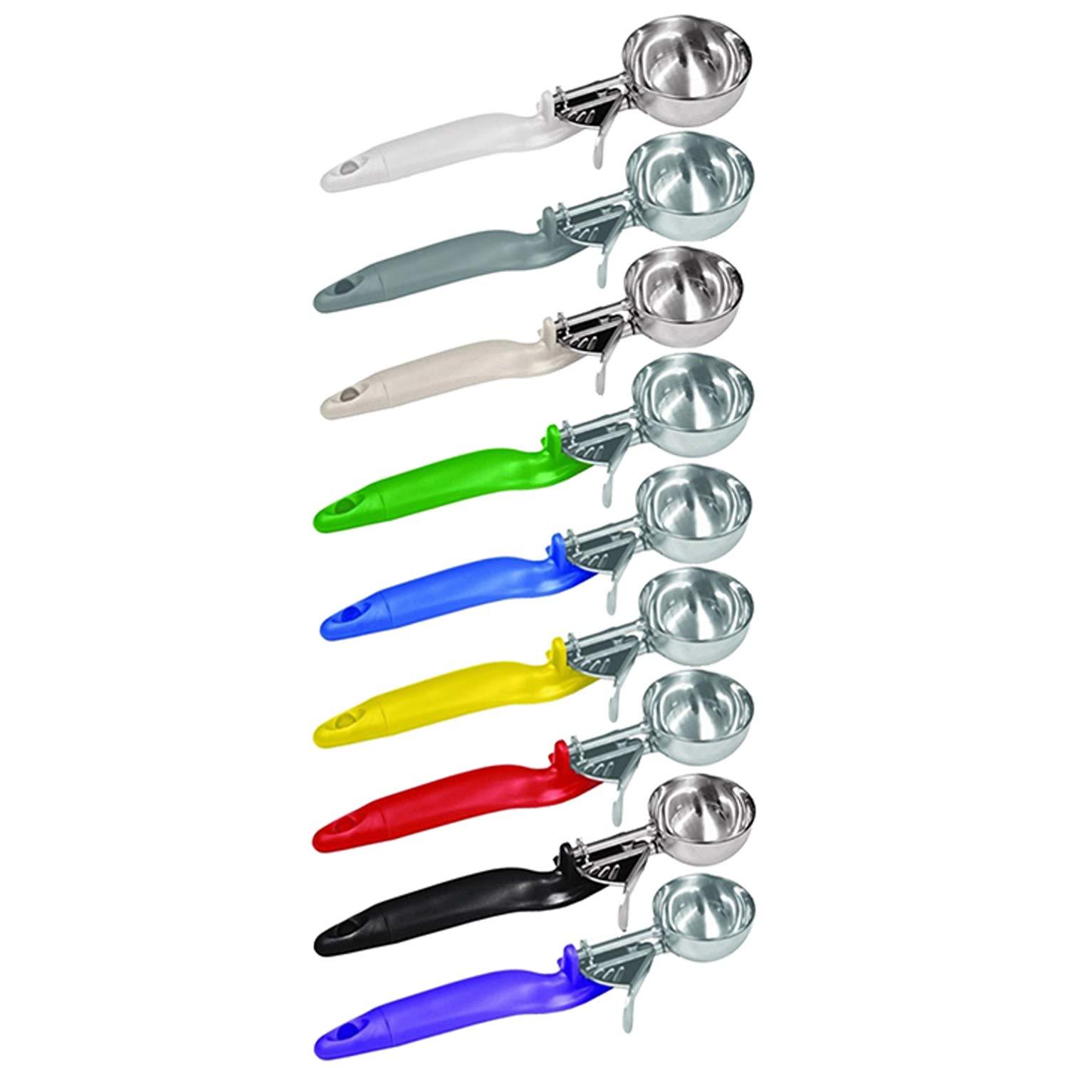 Tiger Chef Tiger Chef Stainless steel construction 2 oz. capacity Blue plastic Ergo handle Thumb lever NSF certified Scoop size: #16 Lever Disher (1, Blue 2 oz.)