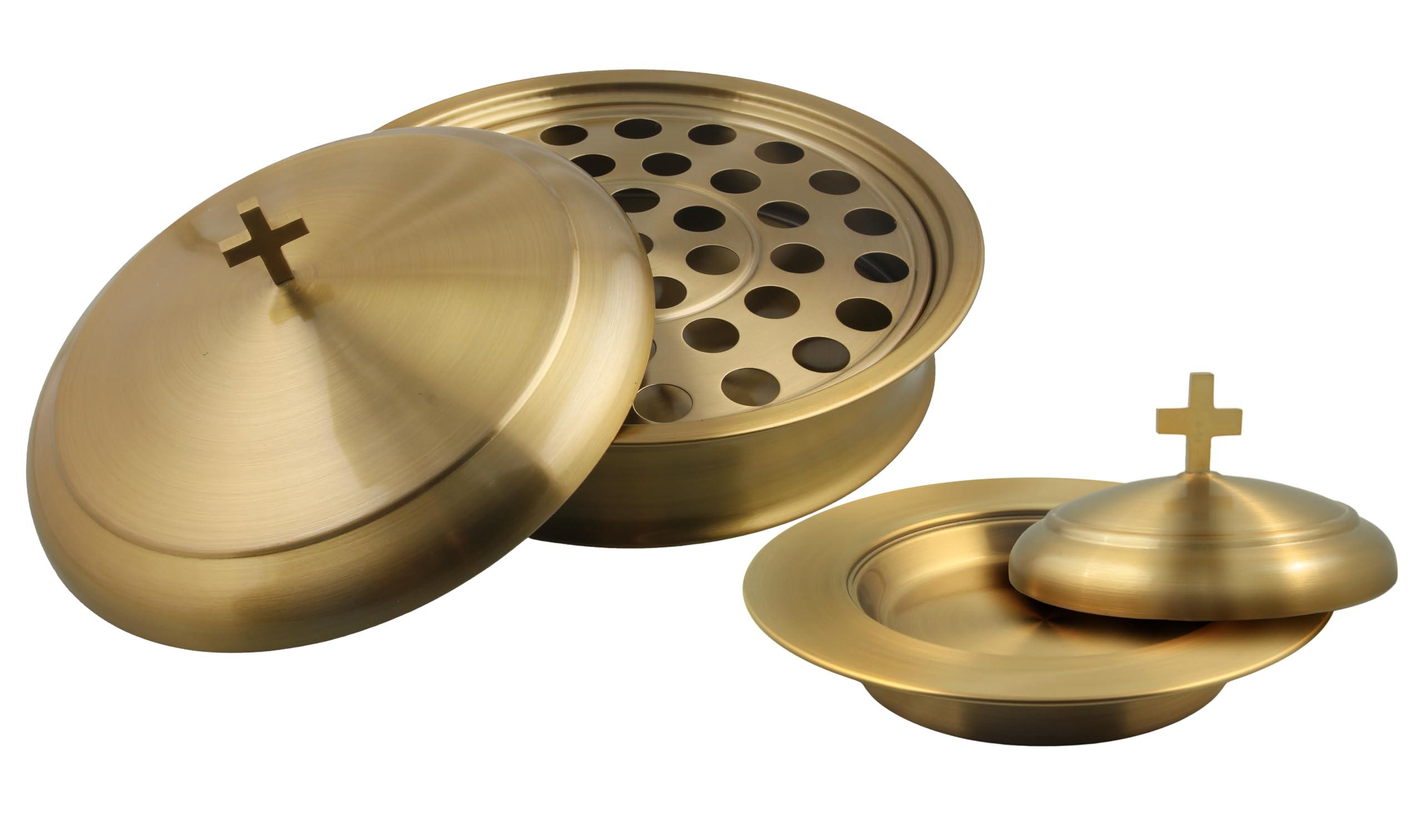 Mayur Exports Communion Ware Holy Wine Serving Tray with A Lid & A Stacking Bread Plate with A Lid - Stainless Steel (Brass/Gold)
