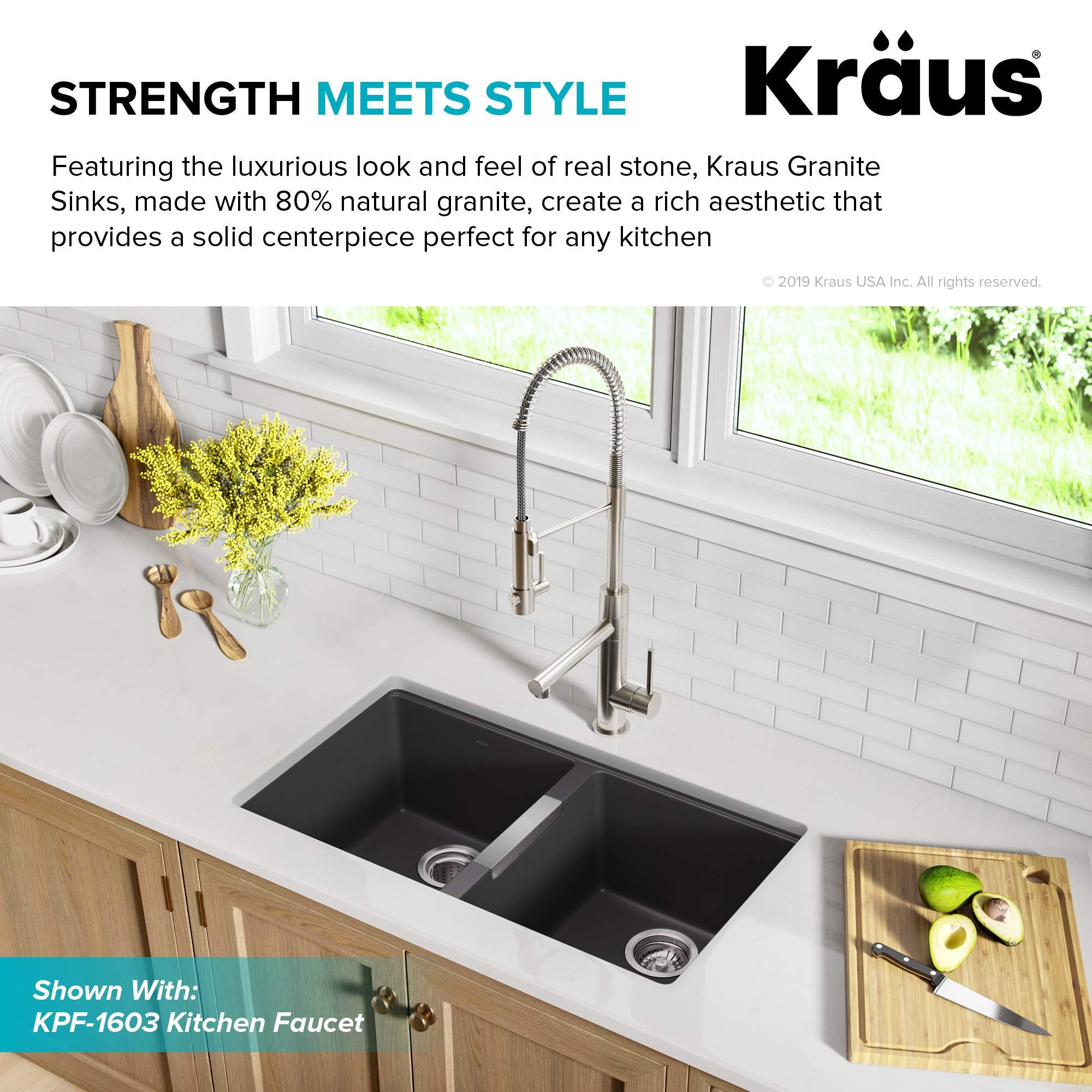 Kraus KRAUS Quarza 33-inch Undermount 50/50 Double Bowl Granite Kitchen Sink in Black Onyx, KGU-434B