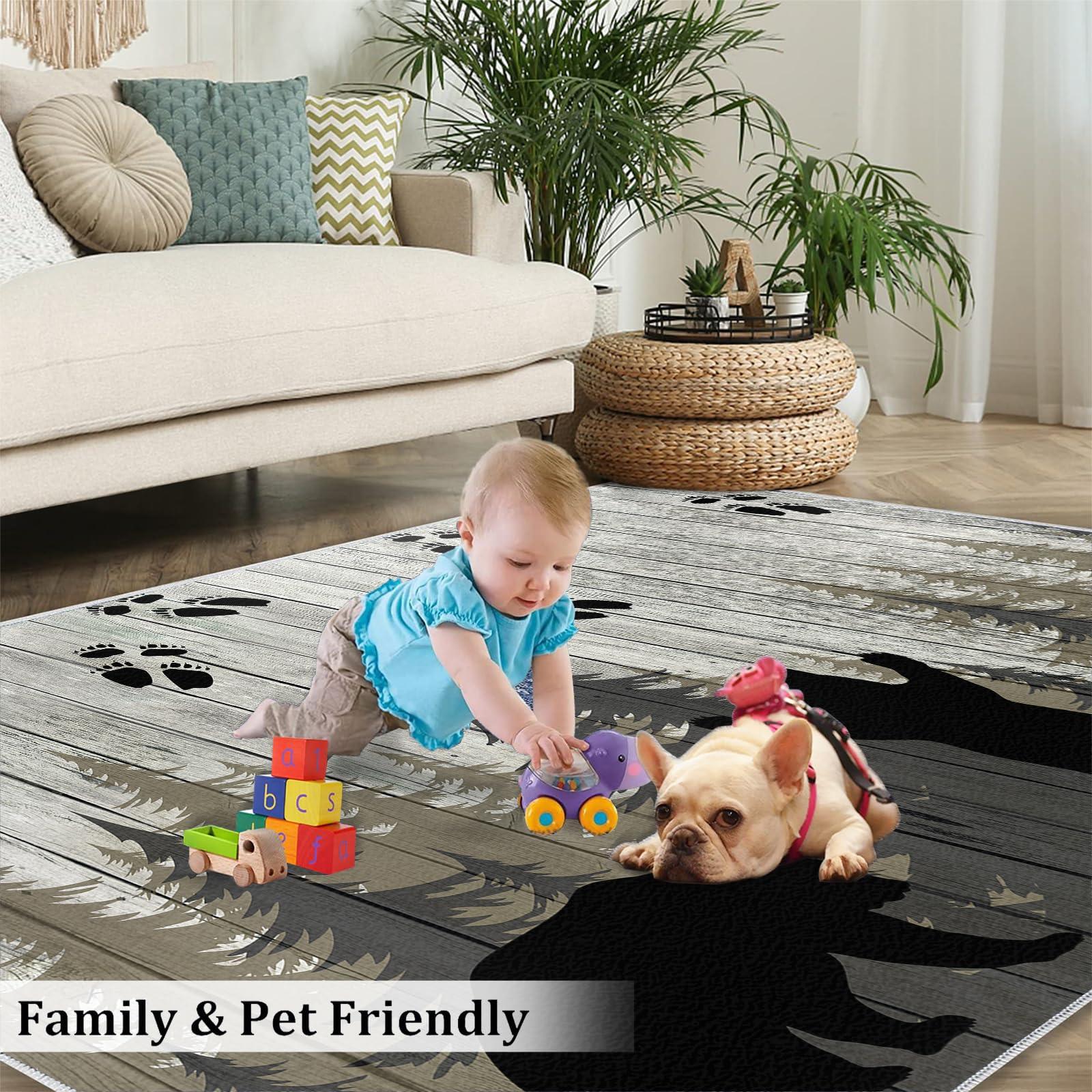 FACADUP Area Rug 7x8 Forest Trail Brown Bear Rugs, Wooden Silhouette Art Bear Carpet, Machine Washable Large Rugs for Apartment Villa Hotel Meeting Room Farmhouse