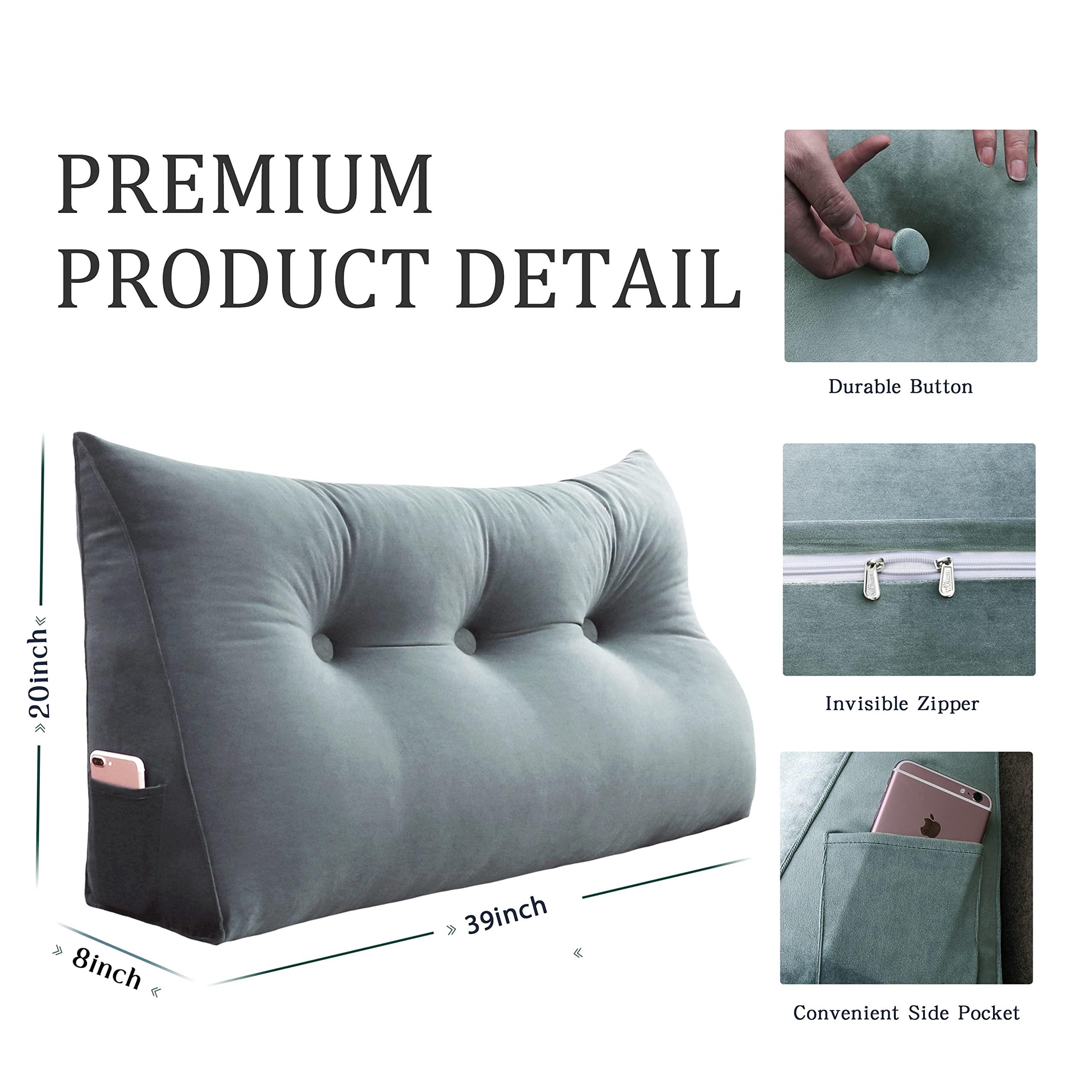 VERCART VERCART Large Headboard Pillow Wedge Bed Rest Reading Pillow Daybed Pillows Triangular Headboard Wedge Pillows Bolster Gap Filler Triangle Back Cushion Long Wedge Pillow, Velvet Light Gray Twin
