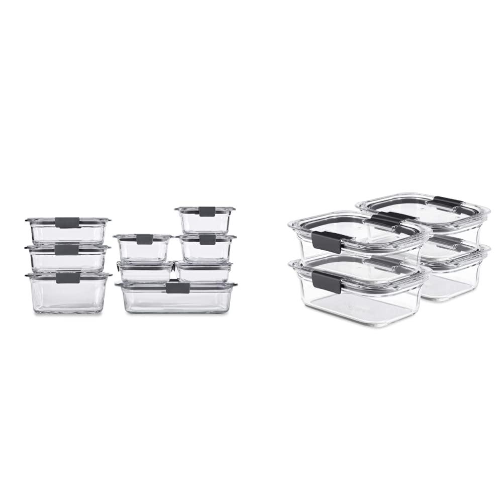 Rubbermaid Rubbermaid Brilliance Glass Storage Set of 9 Food Containers, Clear & Brilliance Glass Storage 3.2-Cup Food Containers with Lids, 4-Pack (8 Pieces Total), BPA Free and Leak Proof, Medium, Clear