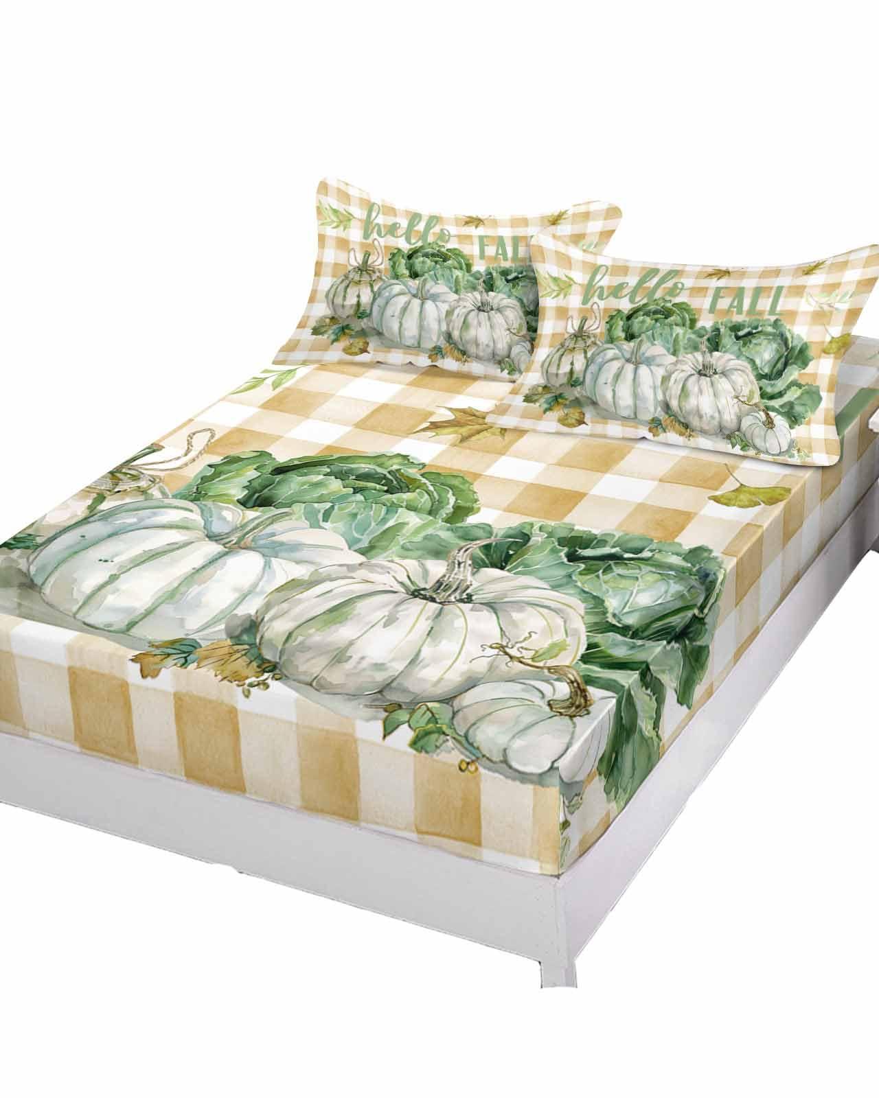 Perdecor Queen Fitted Bed Sheets Fall Thanksgiving Farm Vegetables Brushed Fitted Sheet with Deep Pocket,Soft Microfiber Breathable Bottom Sheet with Pillowcases,Pumpkin Cabbage Country Plaid Bedding Sheet