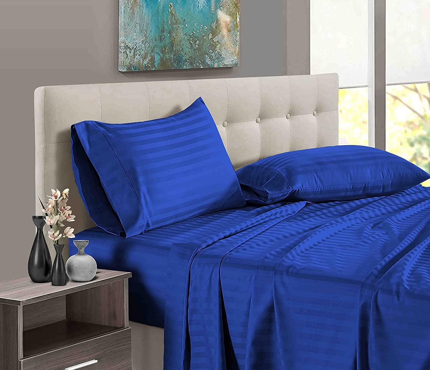DIFFERENT SHEETING Split King Sheets Set for Adjustable Beds - 4 Piece Luxury Sheets - 14\" Deep Pocket 400TC & Extra Soft 100% Egyptian Cotton - Top Split Upto 28\" From Bottom - Royal Blue Stripe, King Size.