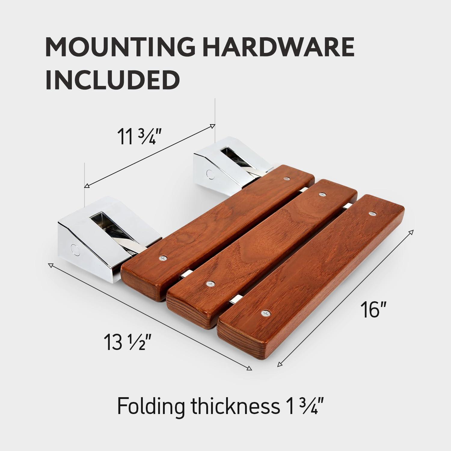 Kenley Folding Shower Seat - Teak Shower Seat Wall Mounted - 16 Inch Floating Fold Down in Shower Bench - Fold Up Bathroom Stool - Foldable Teak Wood Chair with Stainless Steel Wall Mount - 330lb Capacity